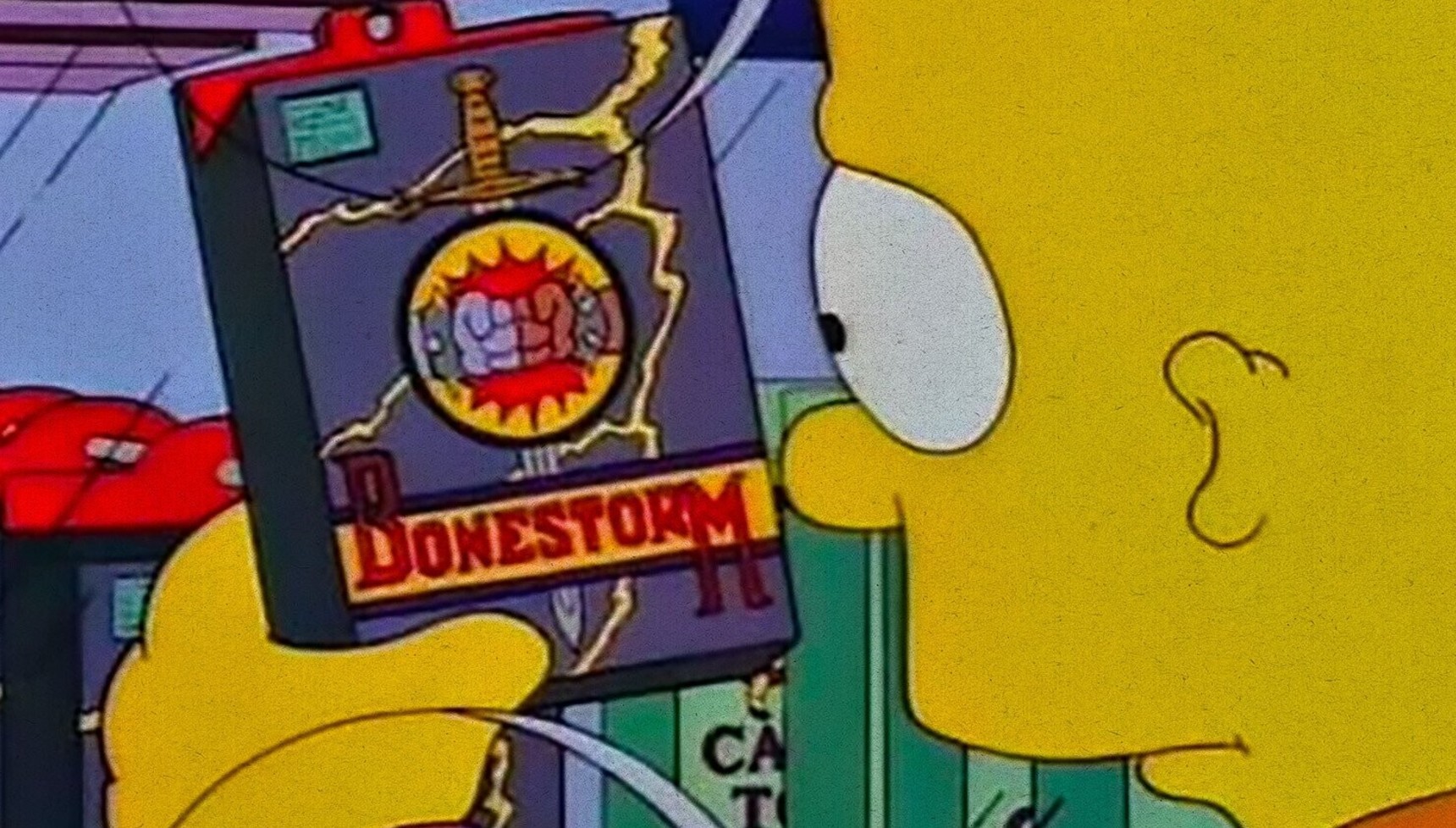 Bart Simpson holding a copy of the video game Bonestorm