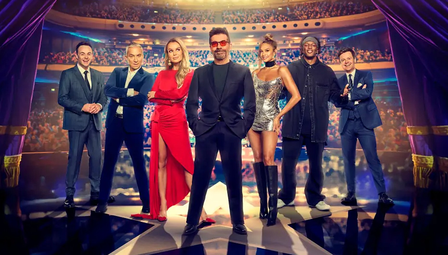 Ant, Bruno Tonioli, Amanda Holden, Simon Cowell, Alesha Dixon, KSI, and Dec in a promotional photo for Britain's Got Talent