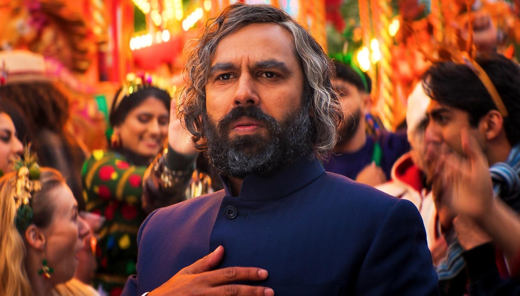 Kunal Nayyar in costume as Mr Sood in Christmas Karma