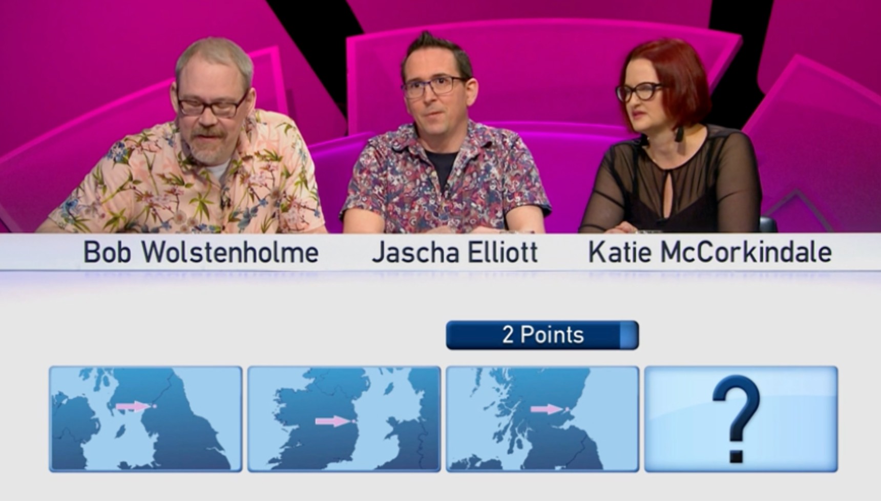 Three contestants on Only Connect and three tiles showing arrows on maps