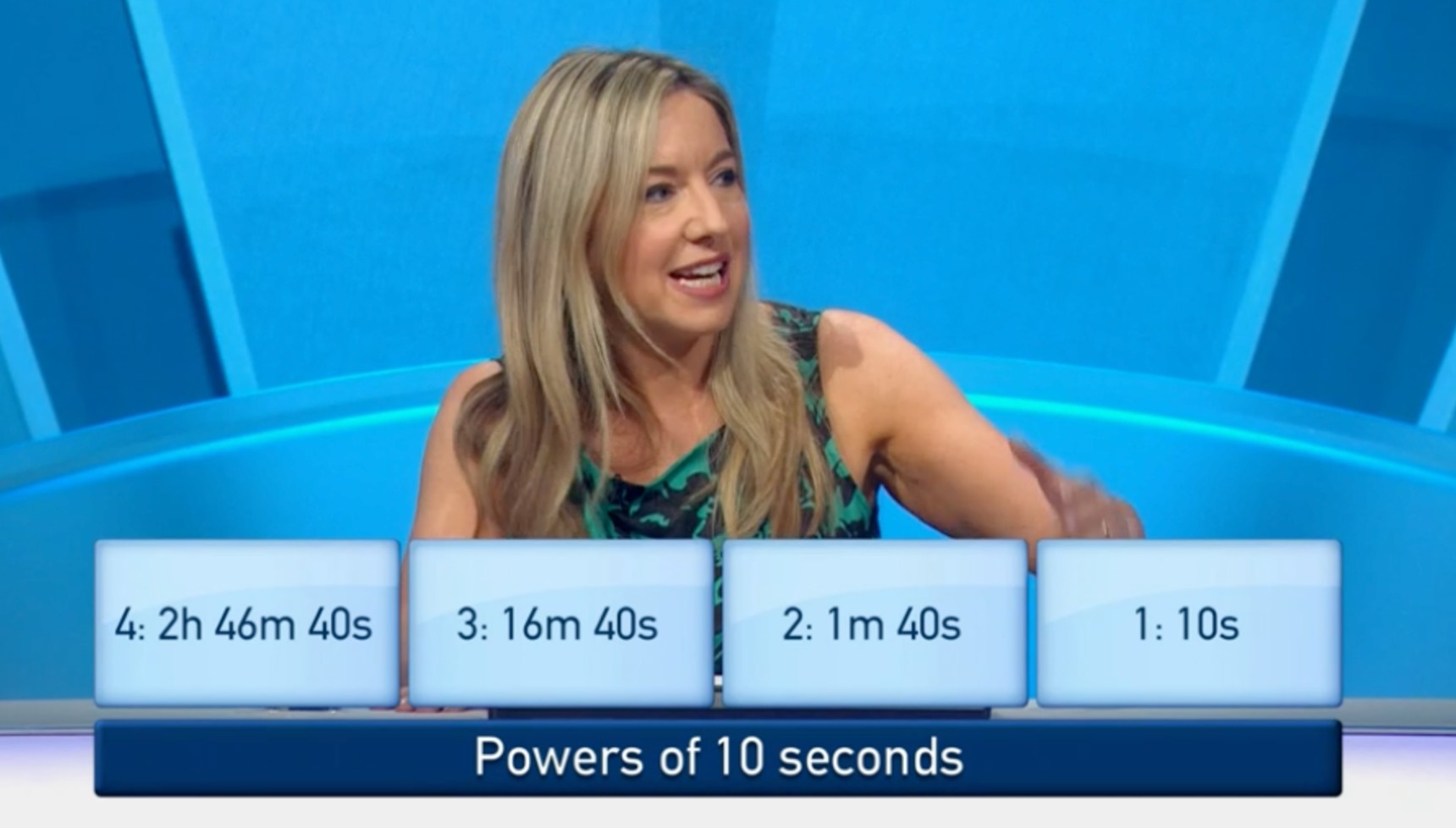 The 'powers of 10 seconds' answer to the question on Only Connect and Victoria Coren Mitchell
