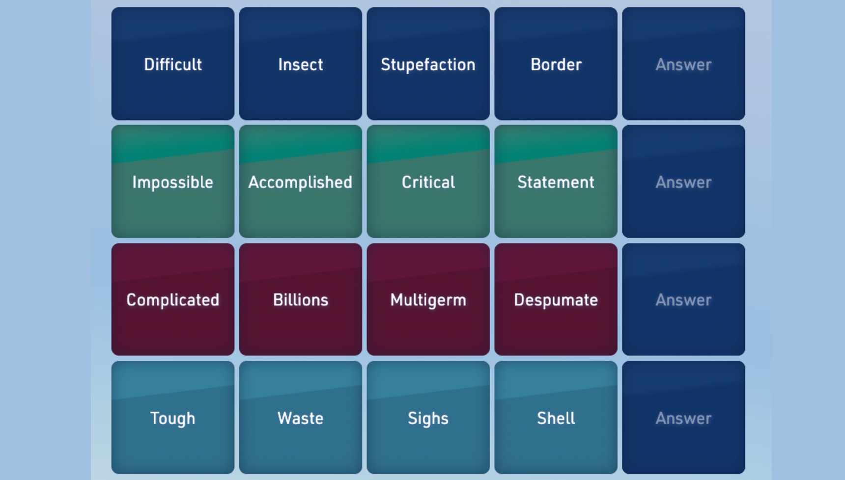 A 4x4wall in Only Connect with different words that are connected in some way