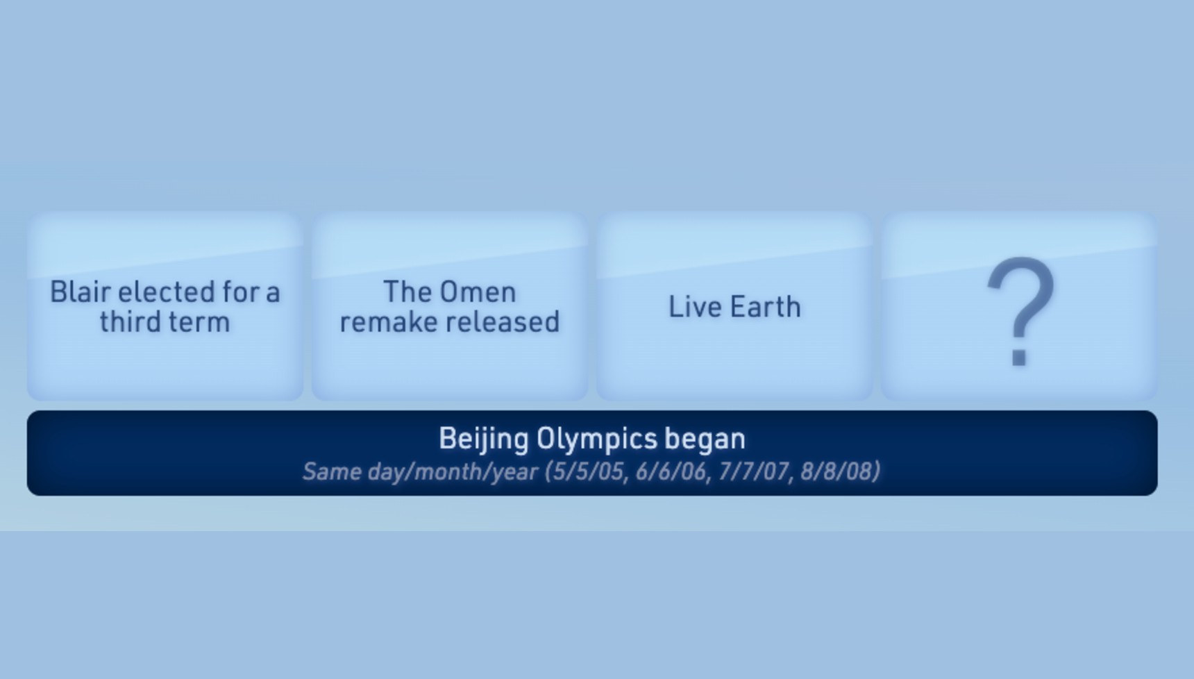 Three tiles about Blair's election, The Omen remake, and Live Earth in Only Connect with the answer about the Beijing Olympics
