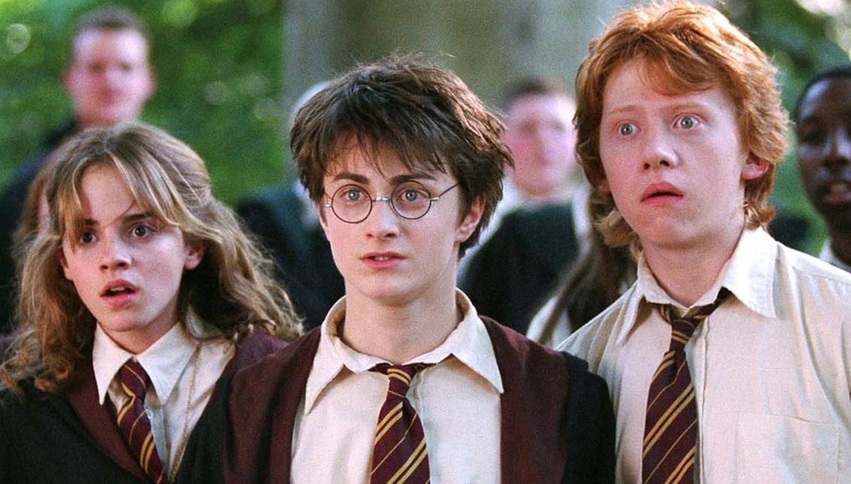 Hermoine, Harry Potter, and Ron standing next to each other