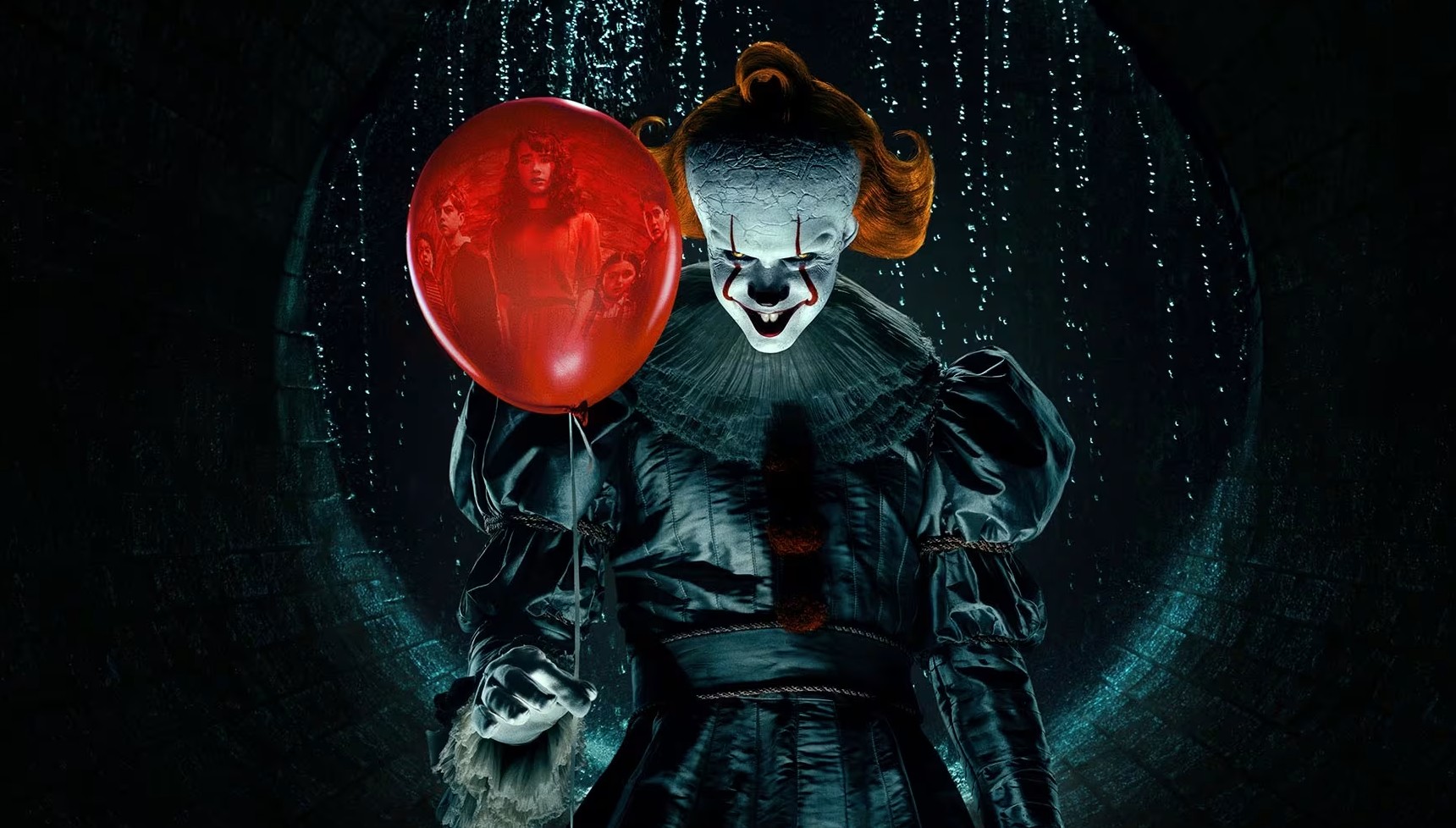 Pennywise the Clown holding a balloon that shows a reflection of the Welcome to Derry cast