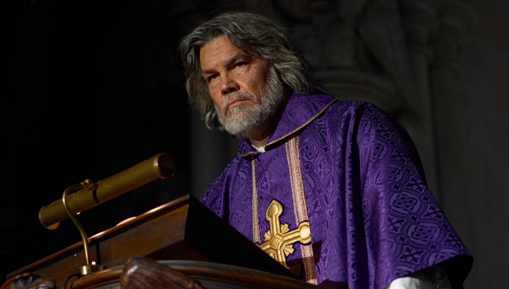Josh Brolin in costume as Monsignor Jefferson Wicks in Wake Up Dead Man