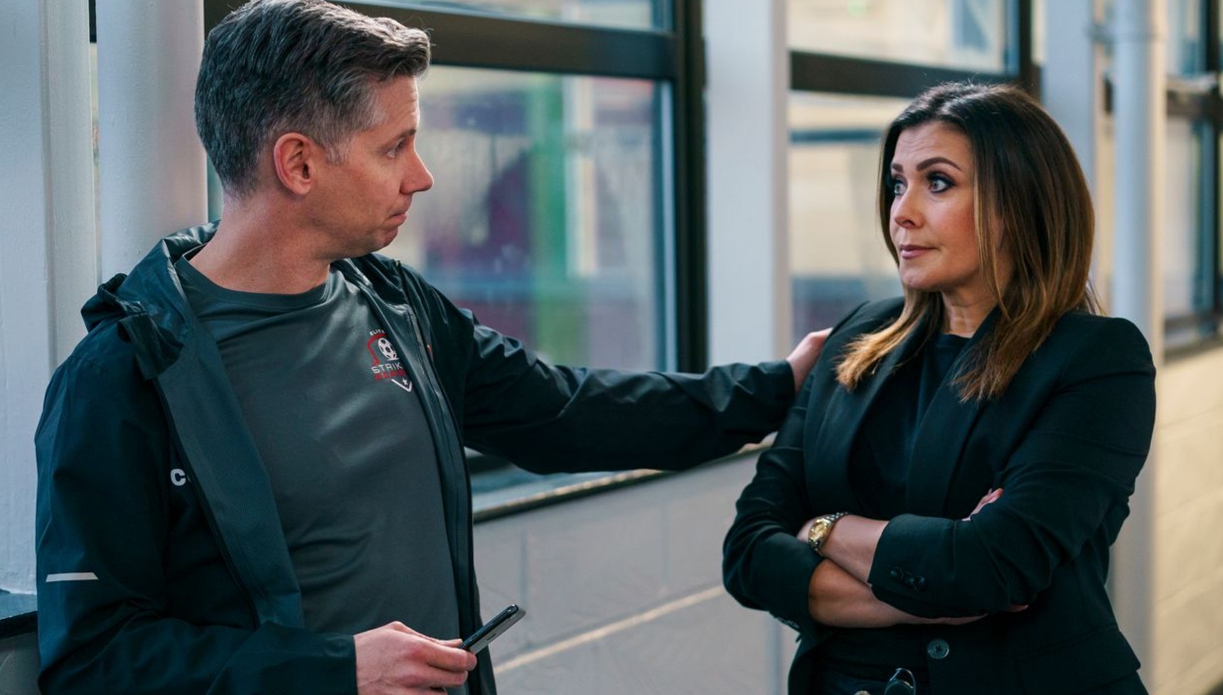 Karl Davies and Kym Marsh in Waterloo Road series 17