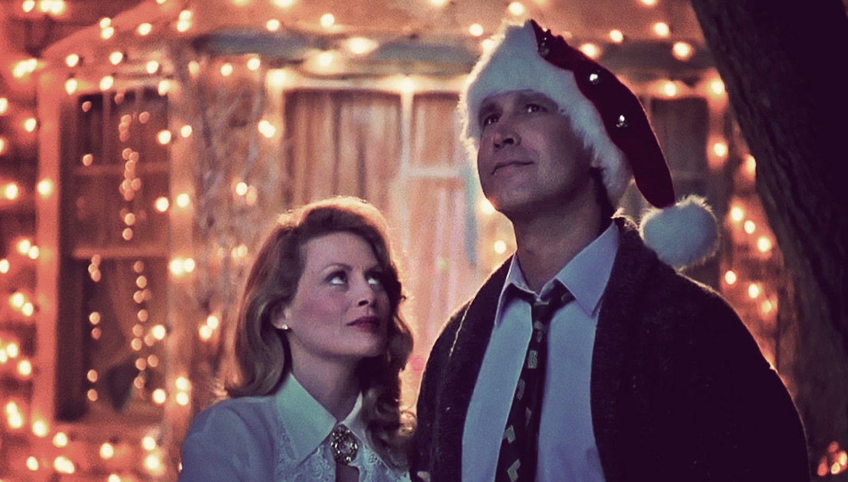Beverley D'angelo standing next to Chevy Chase in a christmas hat outside a house with lights in Christmas Vacation
