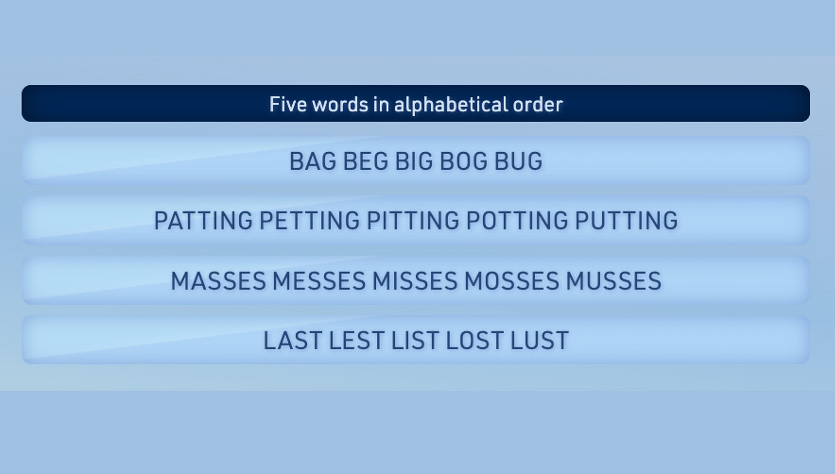 The answers to the "five words in alphabetical order" missing vowels round from Only Connect