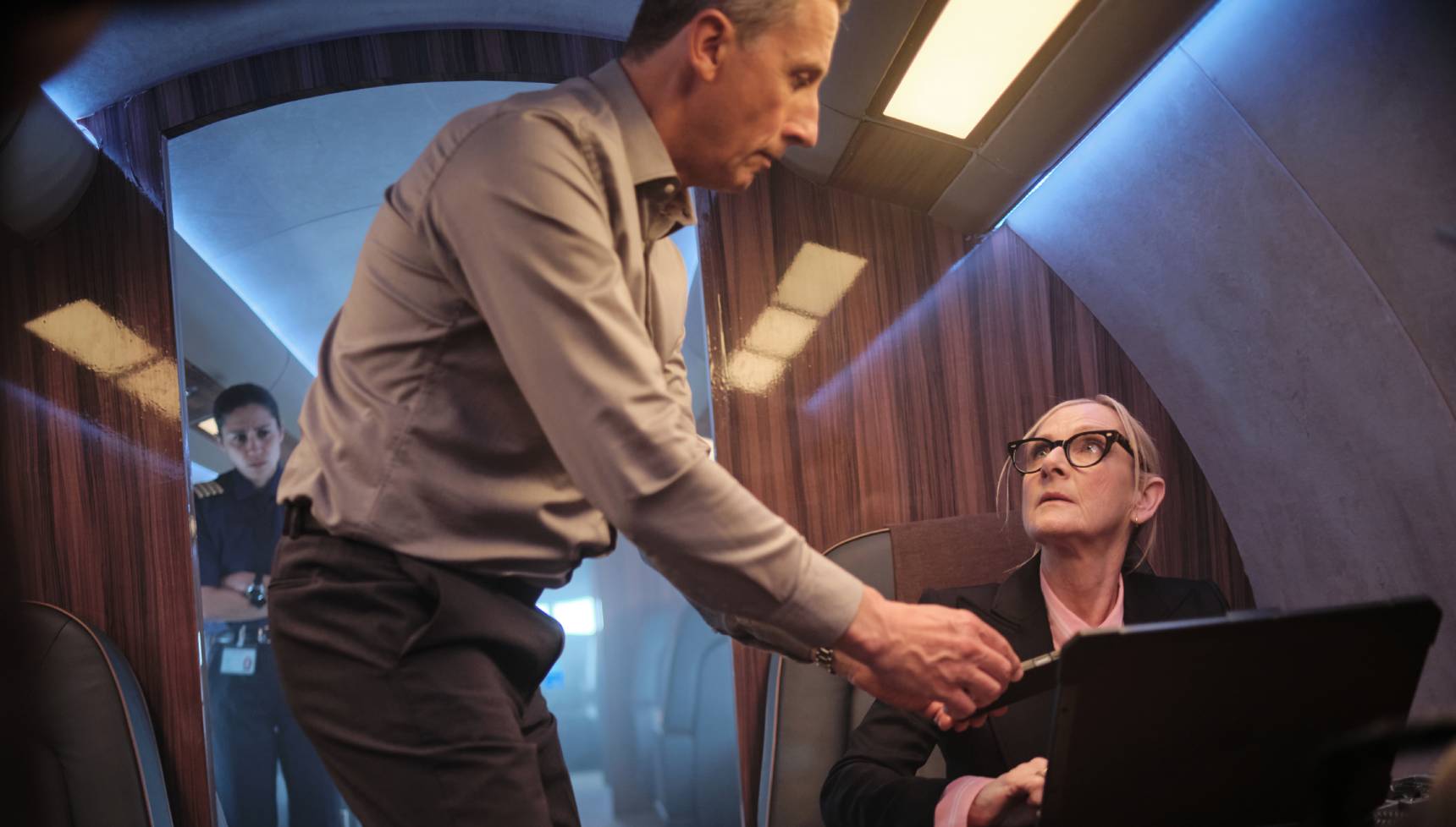 Defence minister Alex with Madeline Delaney in the jet in Red Eye series 2