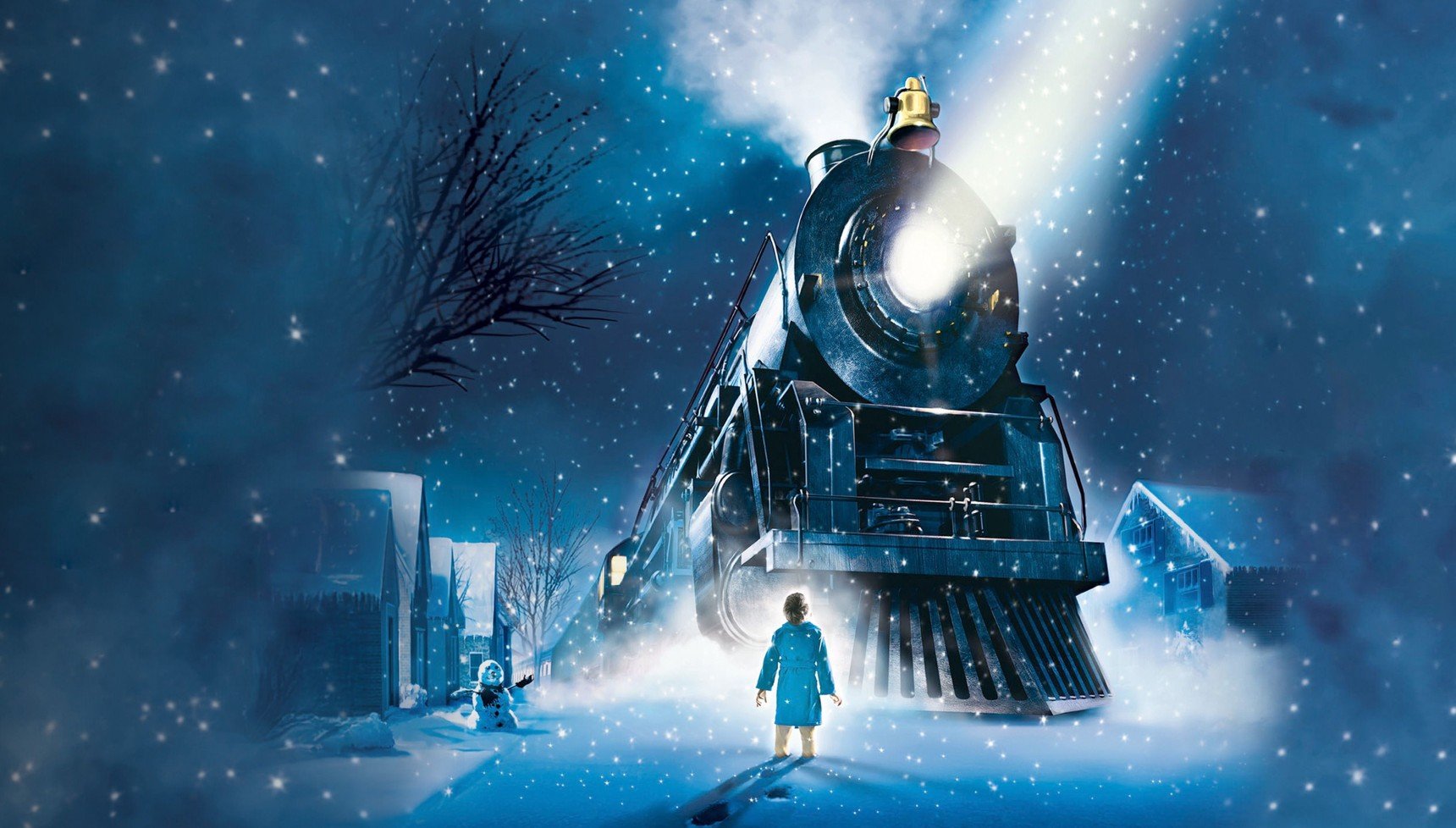 A young boy standing in front of a train in the snow