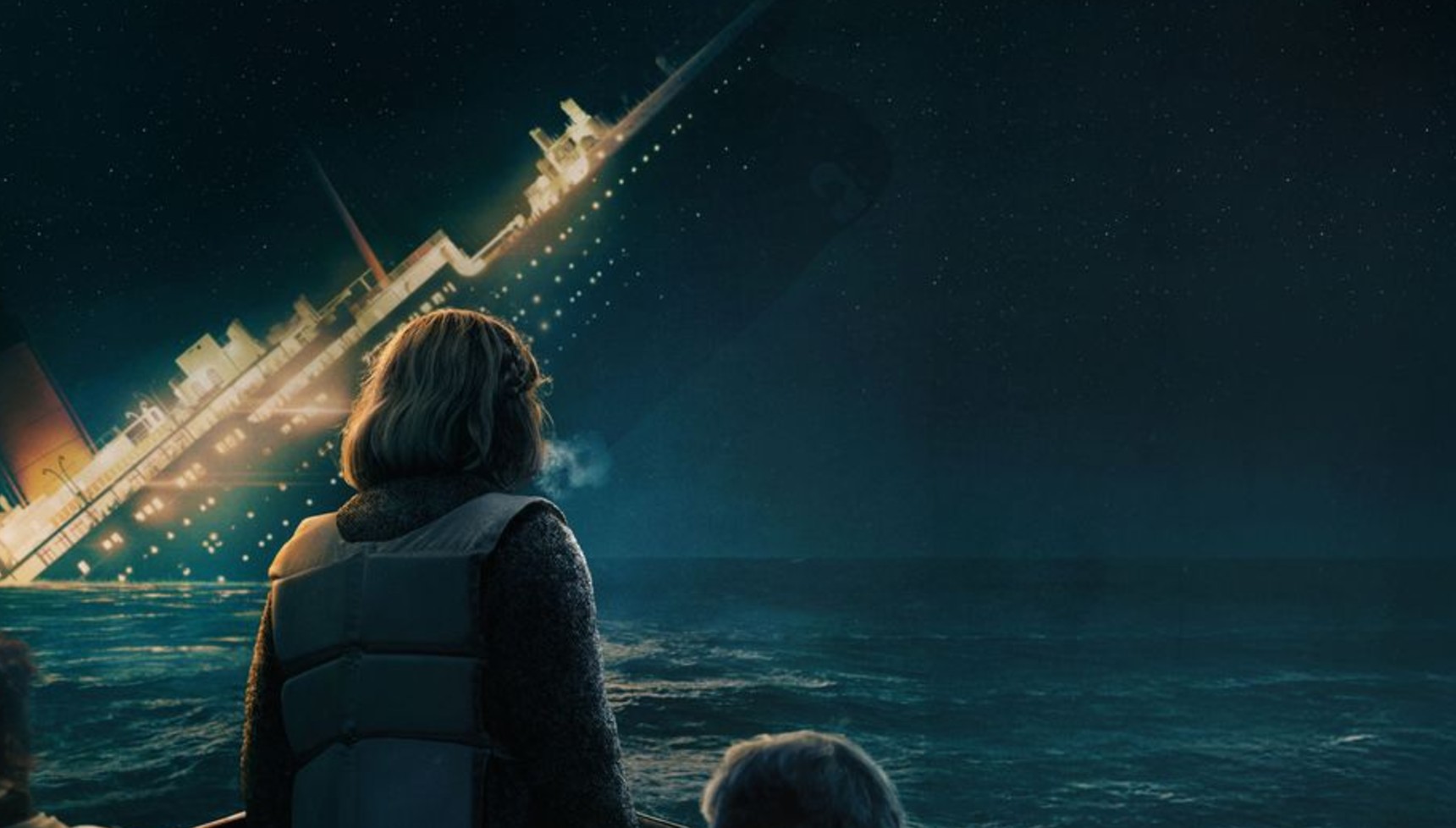 A woman looking at the Titanic as it sinks in the ocean