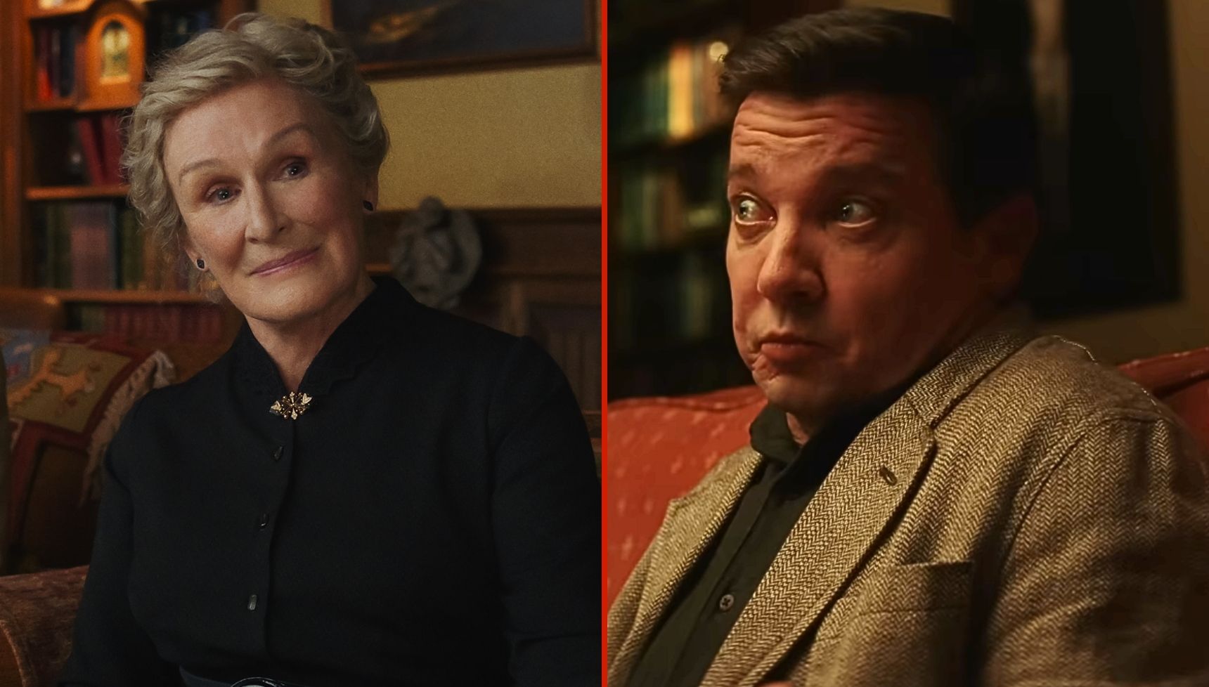 Glenn Close and Jeremy Renner as Martha and Nat Sharp in Wake Up Dead Man