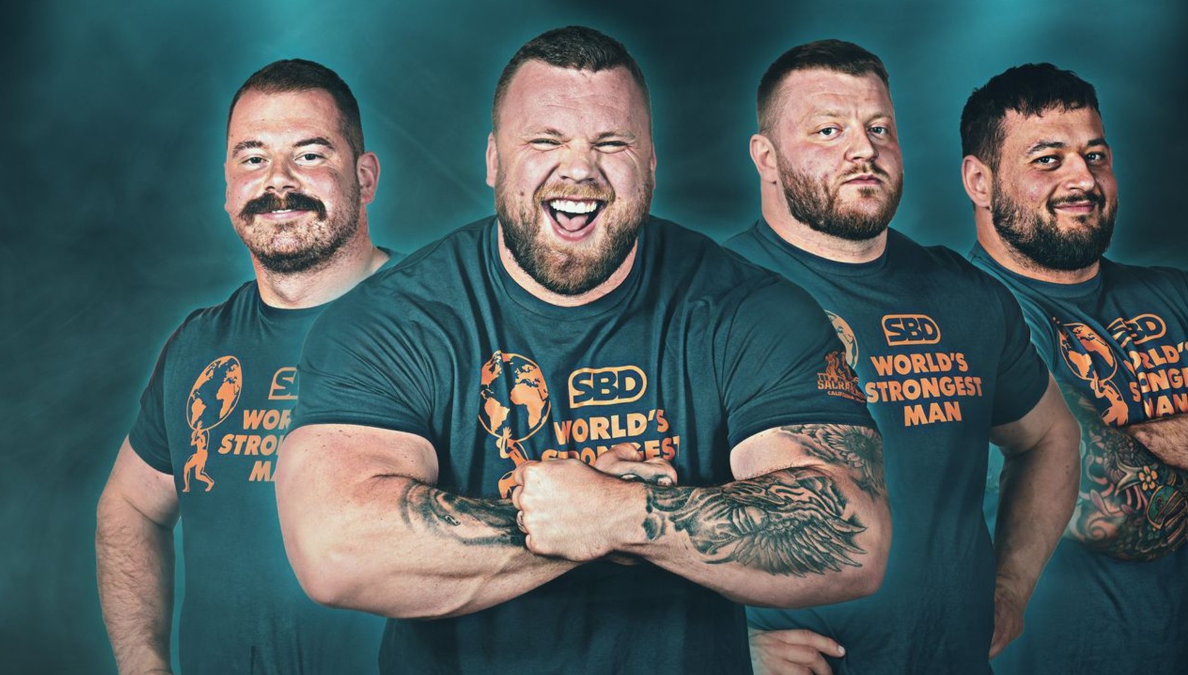 Tom Stoltman with three strongmen competing in World's Strongest Man 2025