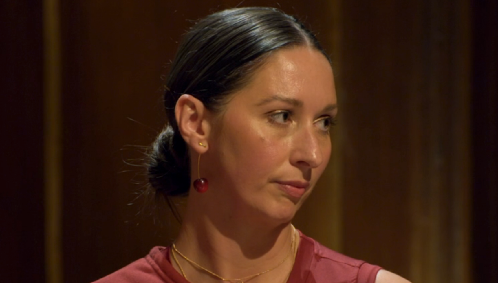 Rachel on the Traitors wearing her cherry earrings