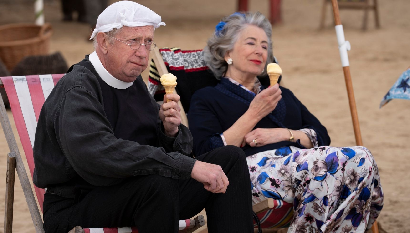 Father Brown and Mrs Patricia Parkinson on the beach in Father Brown