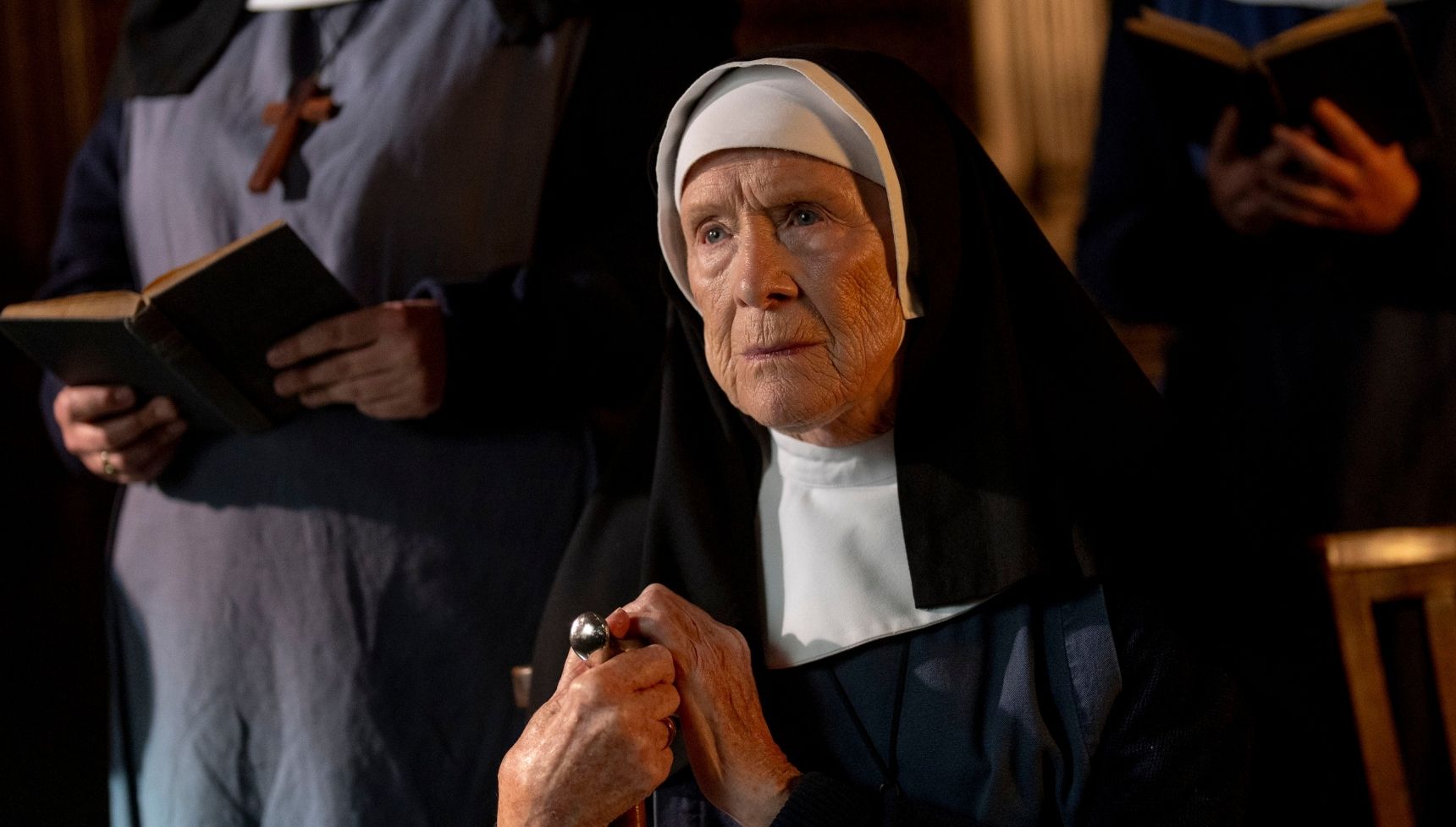 Sister Monica Joan in her habit and looking serious