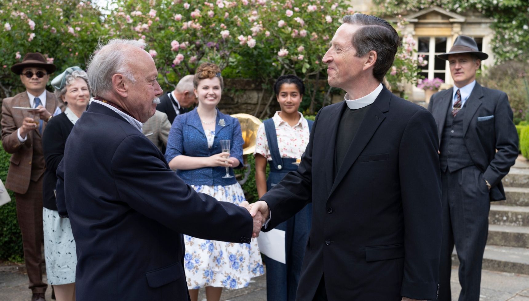 Jonathan Coy as Lord Silk (front left) and Gracie McGonigal as Lady Martha (middle left)