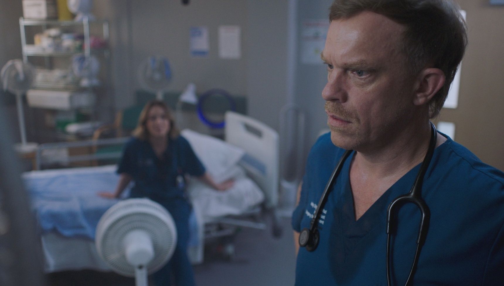 Dylan looks shocked as he realises he could be Matty's dad in Casualty 