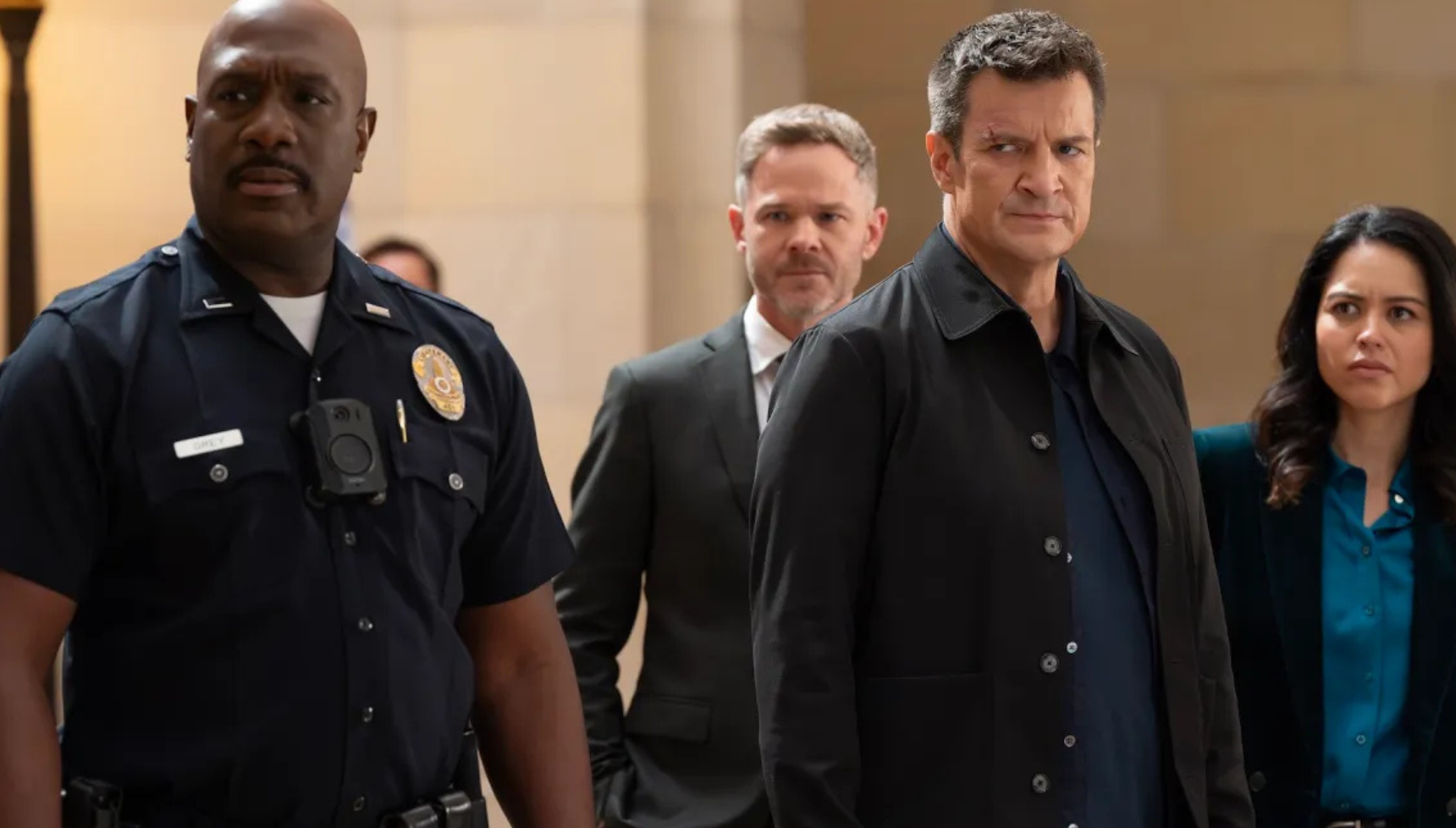 Nathan Fillion, Richard T. Jones, Shawn Ashmore, and Melissa O'Neil in The Rookie.