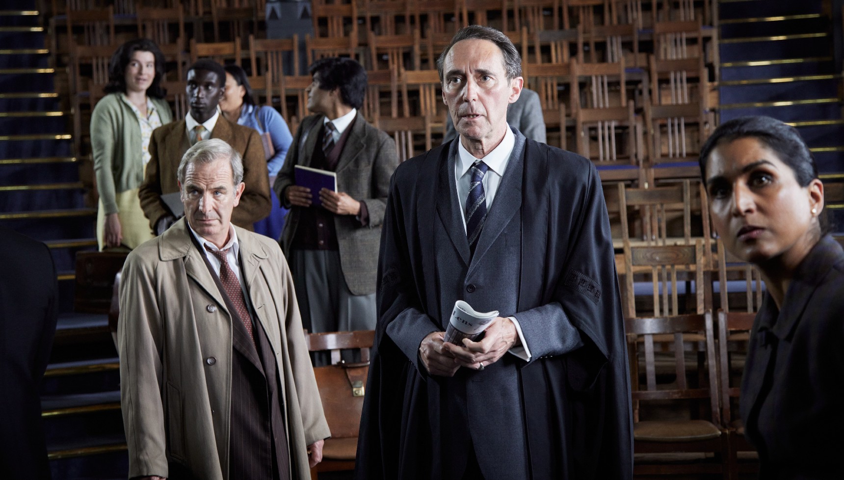 Robson Green, Guy Henry, and Maya Sondhi in Grantchester series 10