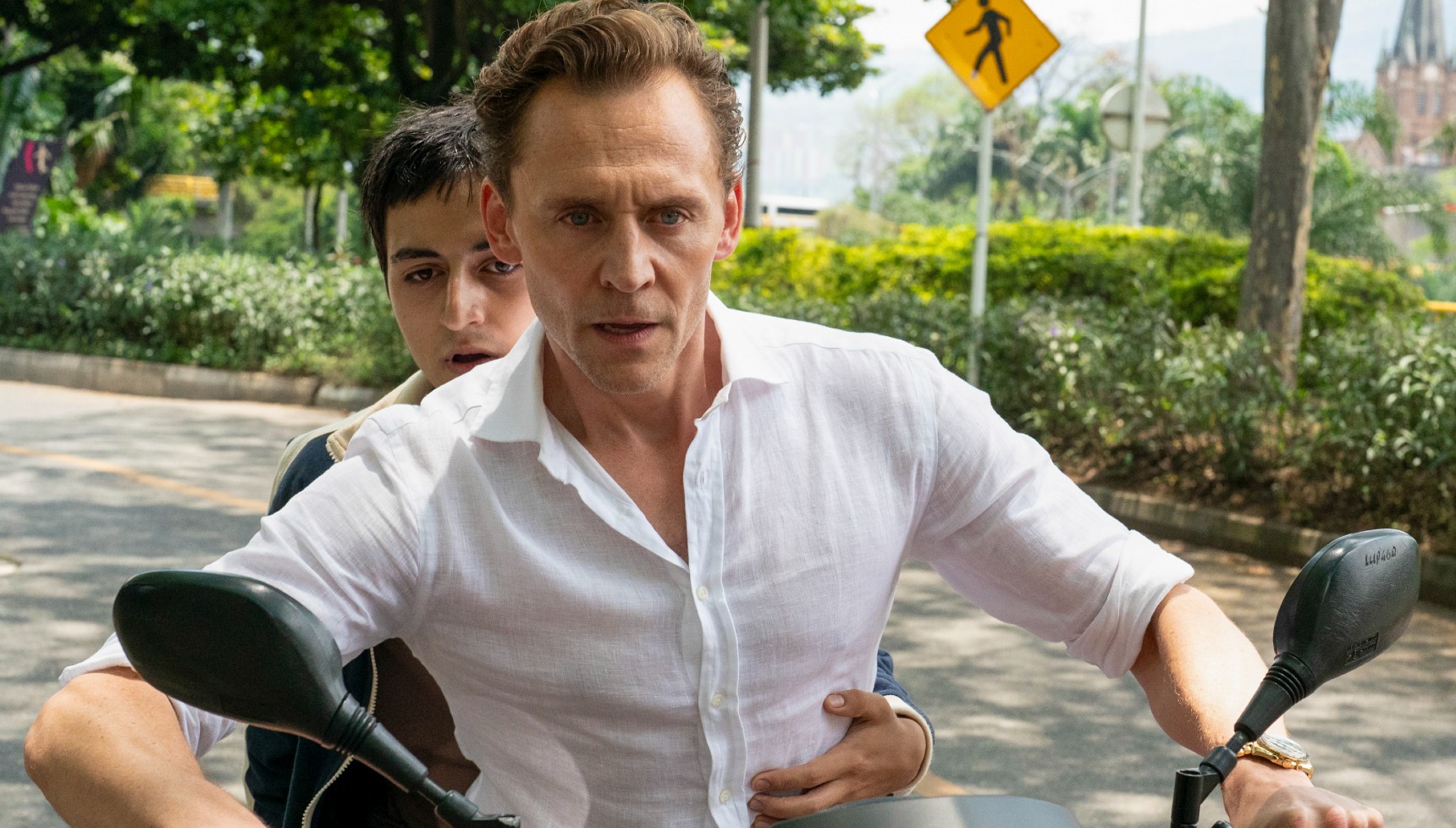 Jonathan Pine on a moped in The Night Manager series 2