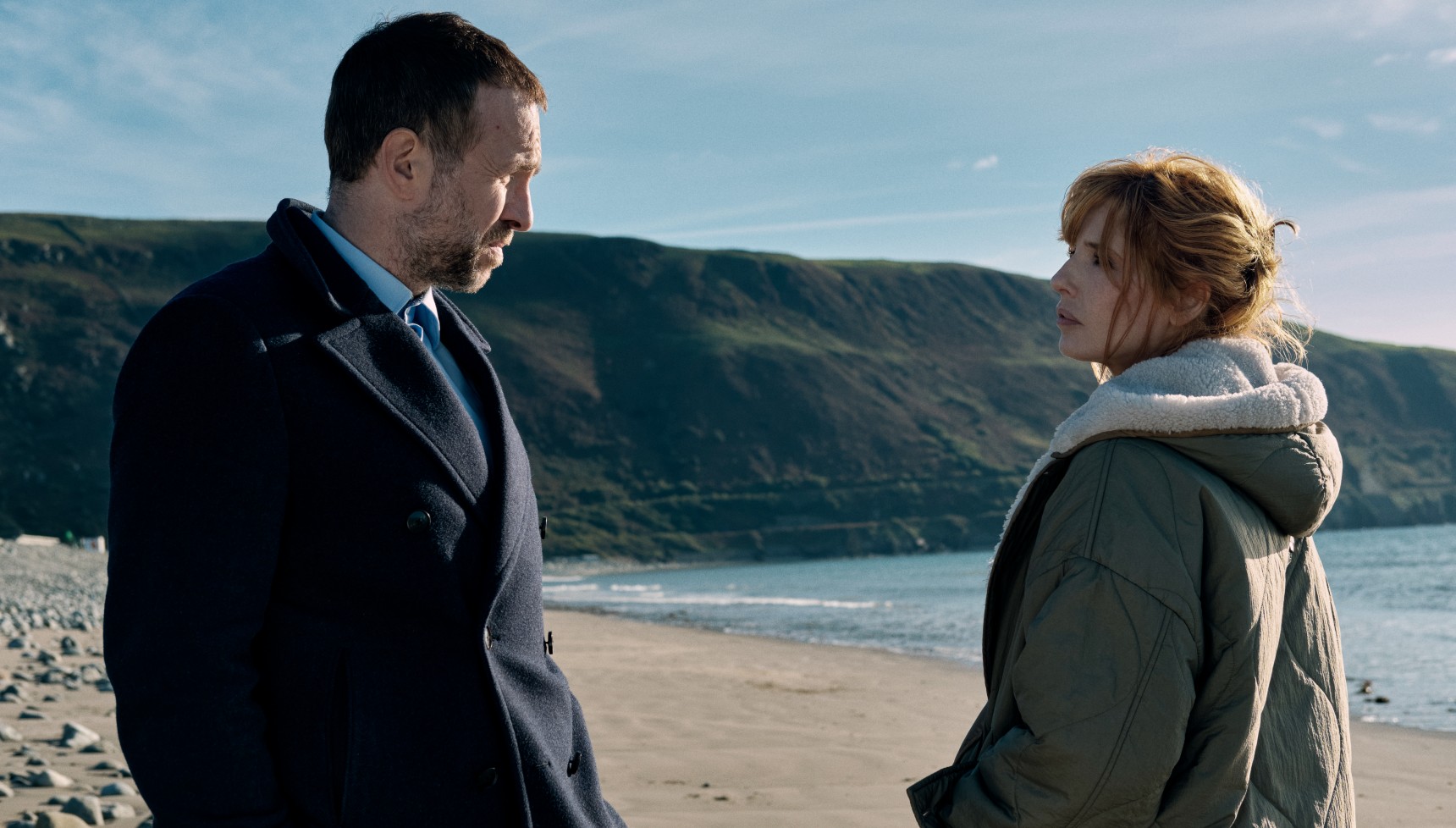 Rafe Spall and Kelly Reilly filming Under Salt Marsh on Welsh beach