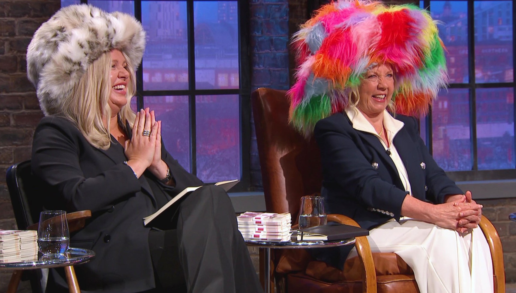 Jenna Meek and Deborah Meaden fool around in furry hats on Dragons' Den