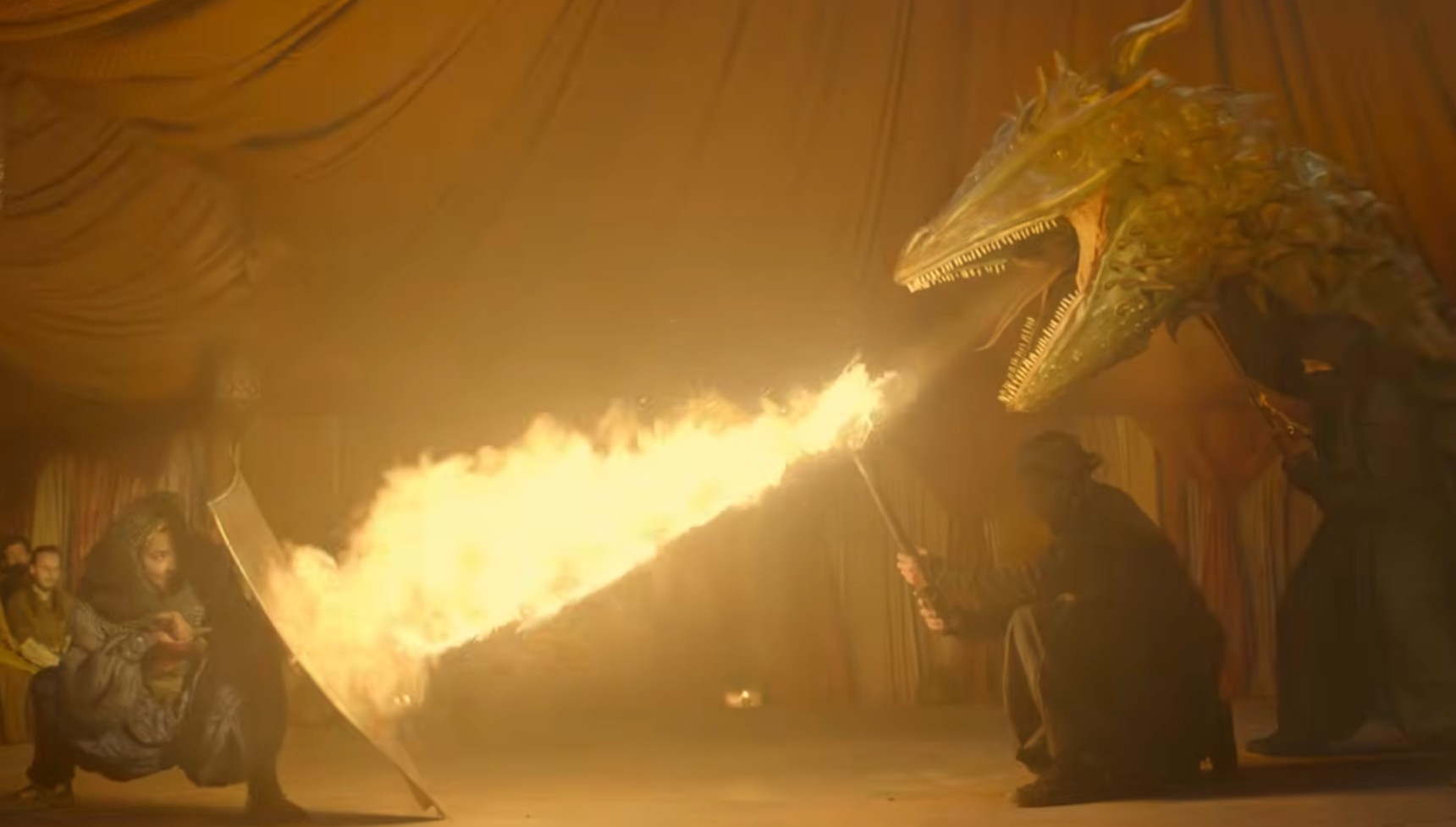 A fake dragon blowing fire in A Knight of the Seven Kingdoms episode 3