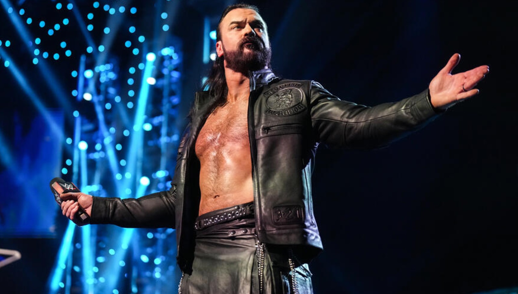 Drew McIntyre wearing a leather jacket at WWE