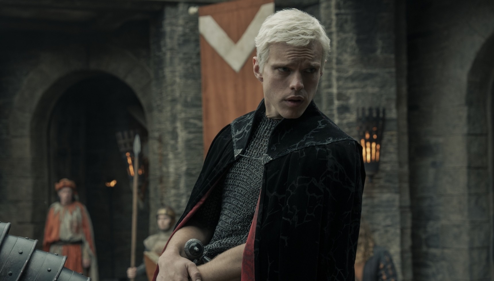 Finn Bennett as Aerion Targaryen sitting on a horse in A Knight of the Seven Kingdoms