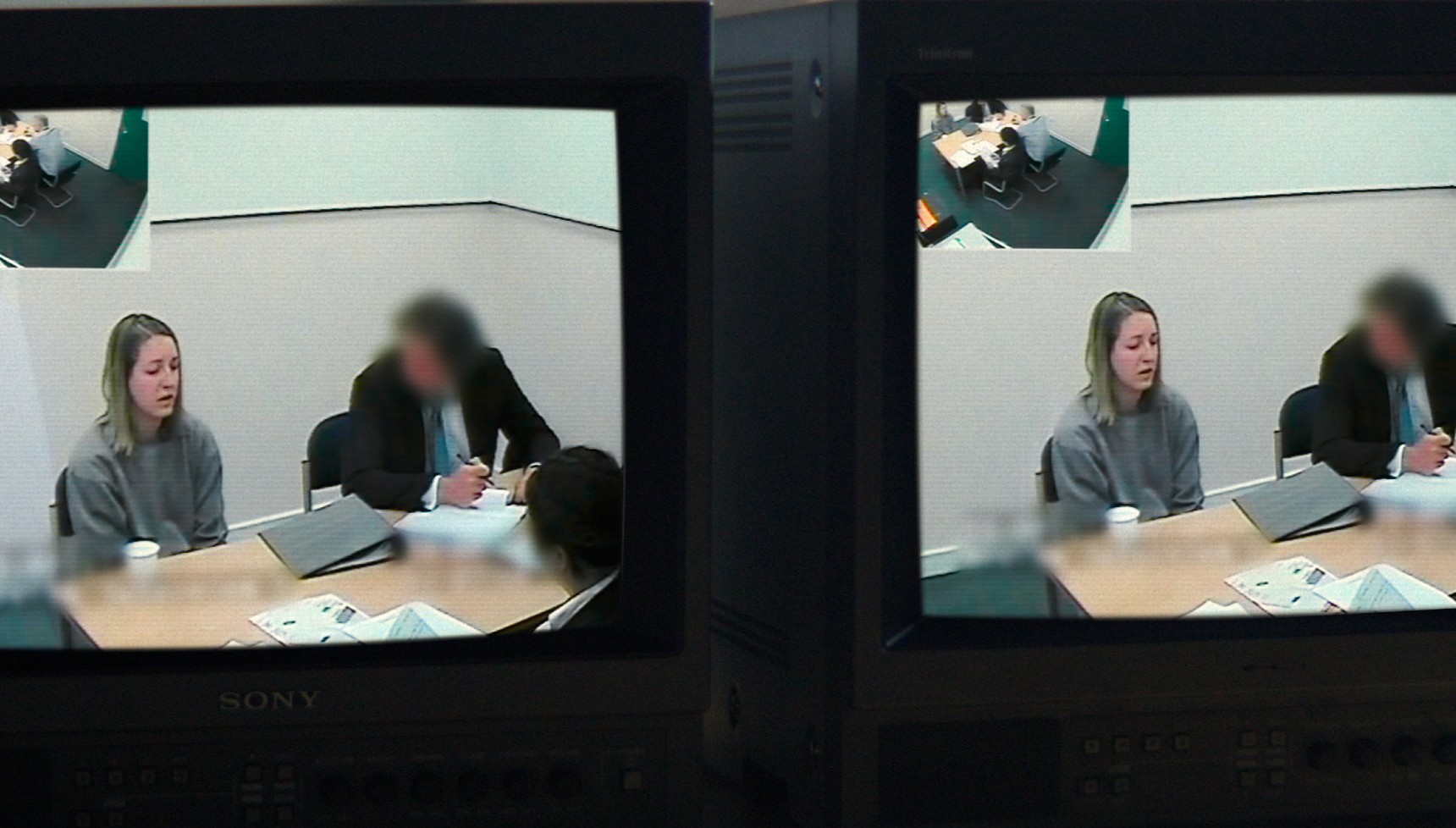 Lucy Letby being interviewed on two screens