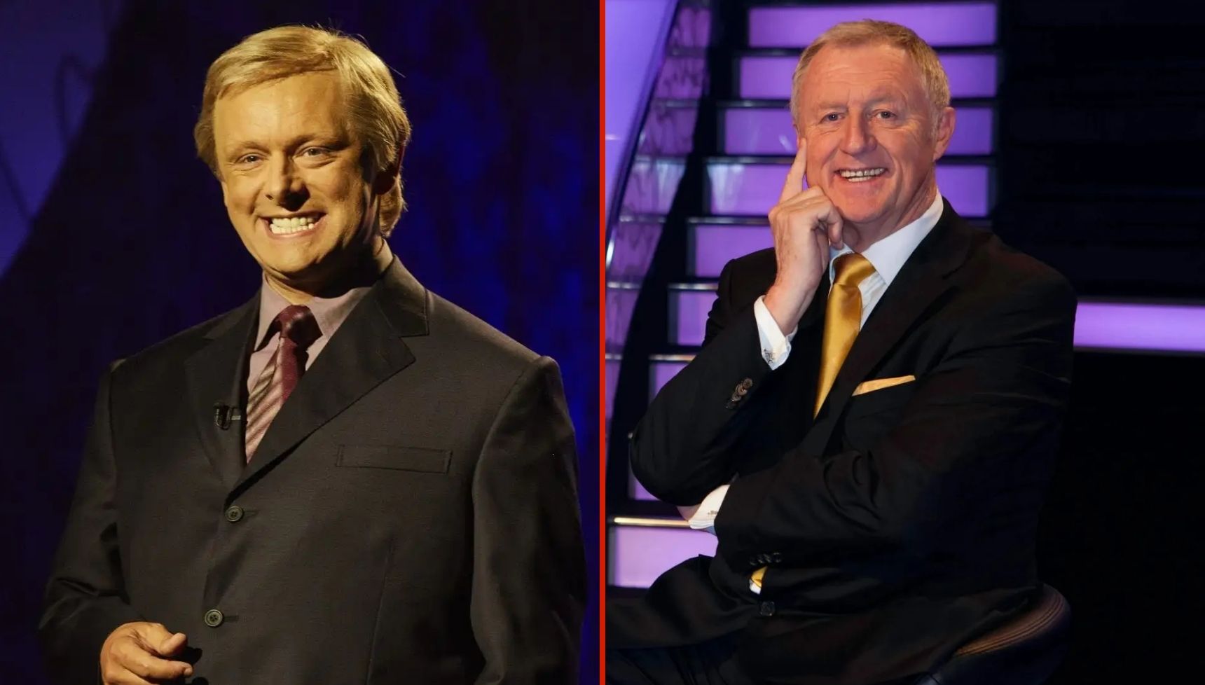 Michael Sheen playing Chris Tarrant next to a real life photo of Chris Tarrant