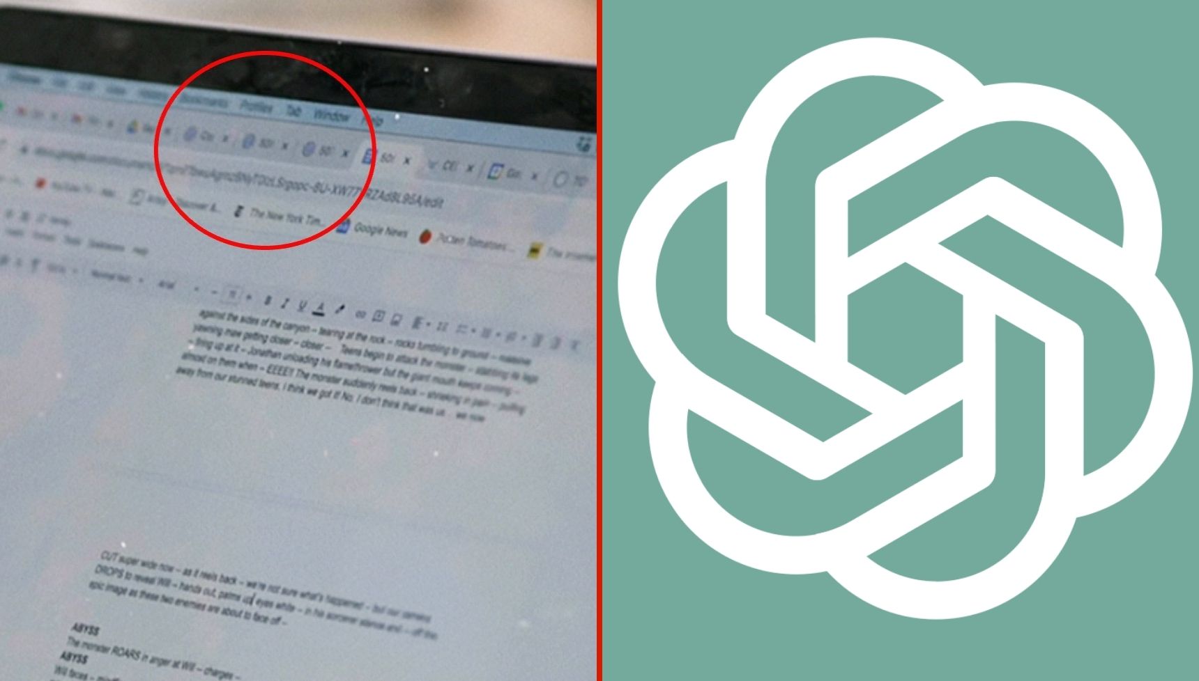 A screenshot showing alleged ChatGPT use in Stranger Things season 5 and the ChatGPT logo 