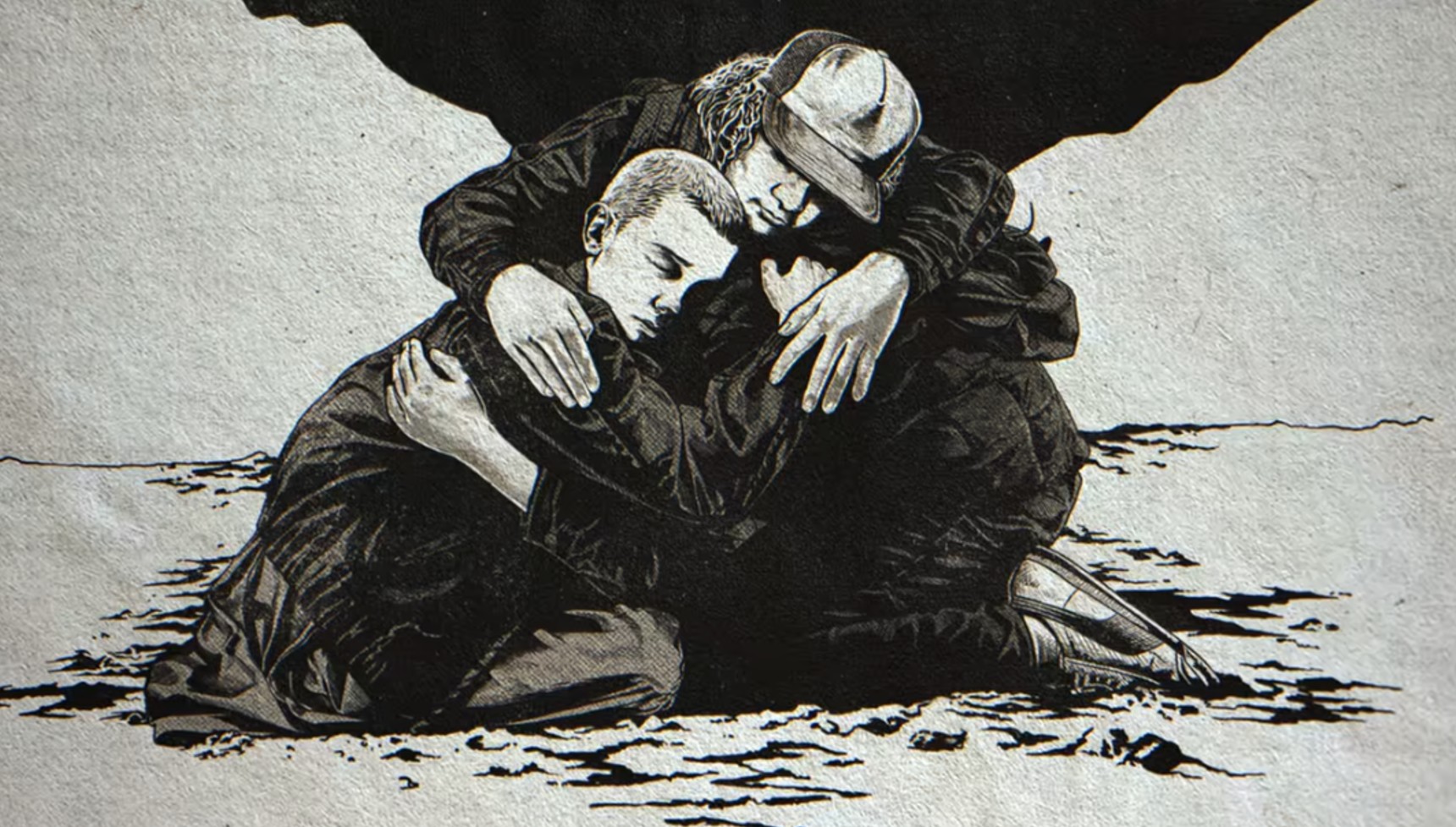 Eleven hugging her friends in the illustration from the Stranger Things season 5 finale credits