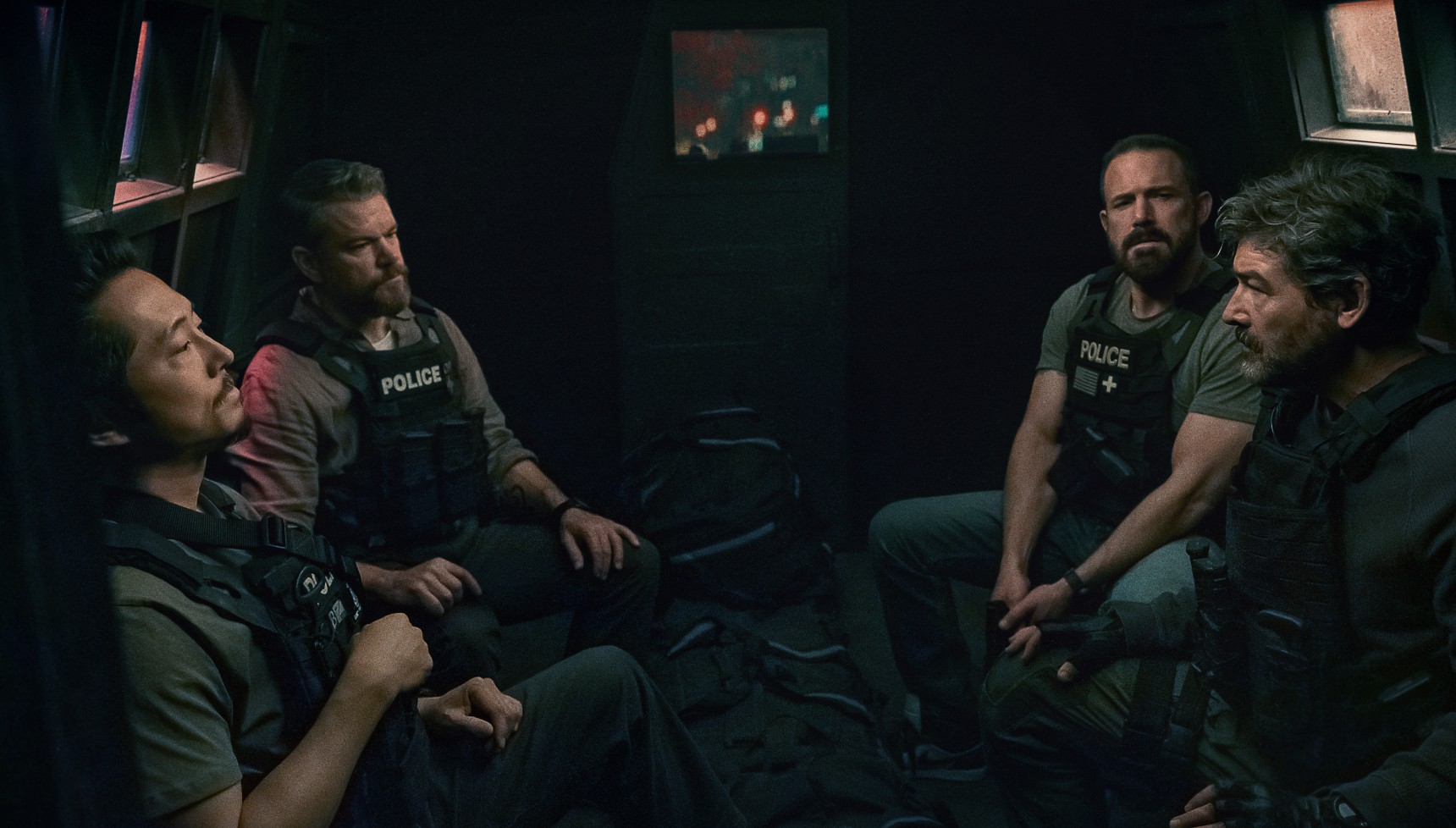 Steven Yeun, Matt Damon, Ben Affleck, and Kyle Chandler in The Rip