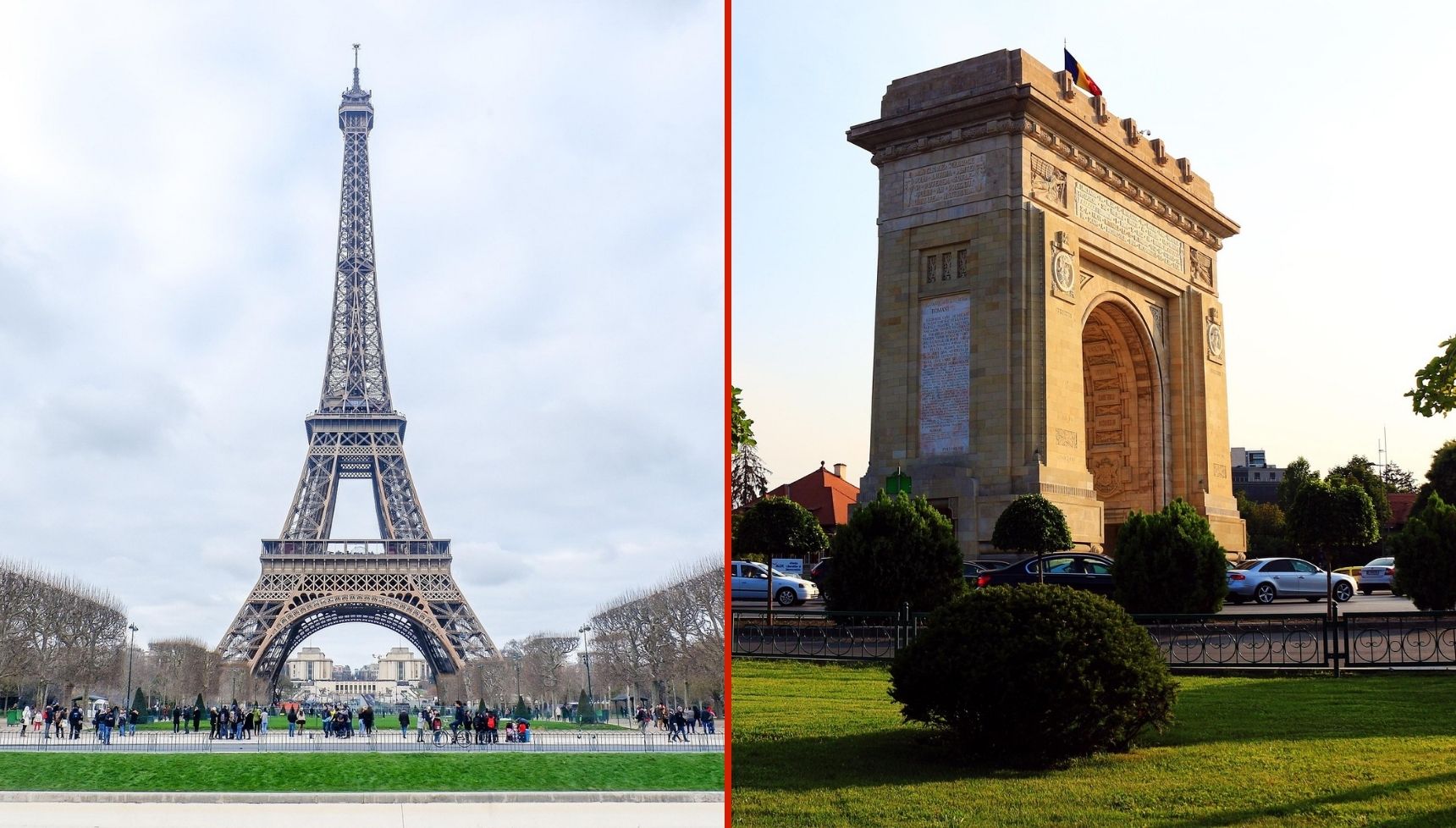 The Eiffel Tower and the Arc de Triomphe in Paris