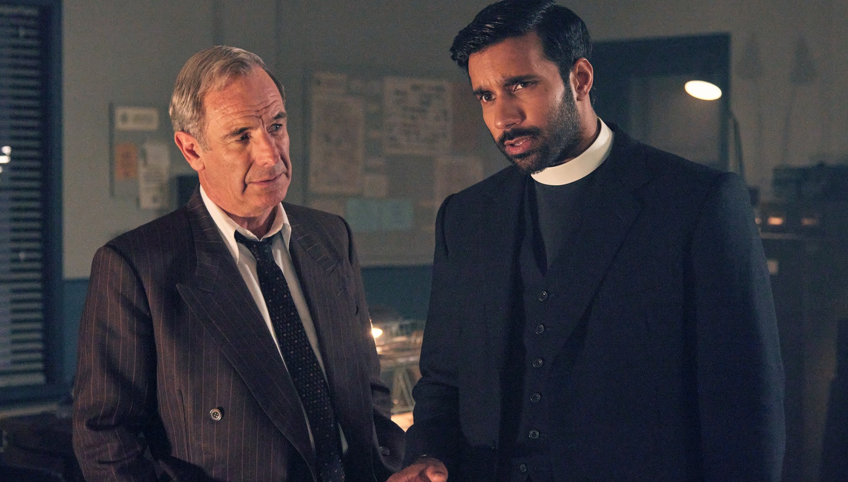 Robson Green and Rishi Nair as Geordie Keating and Reverend Alphy Kottaram in Grantchester