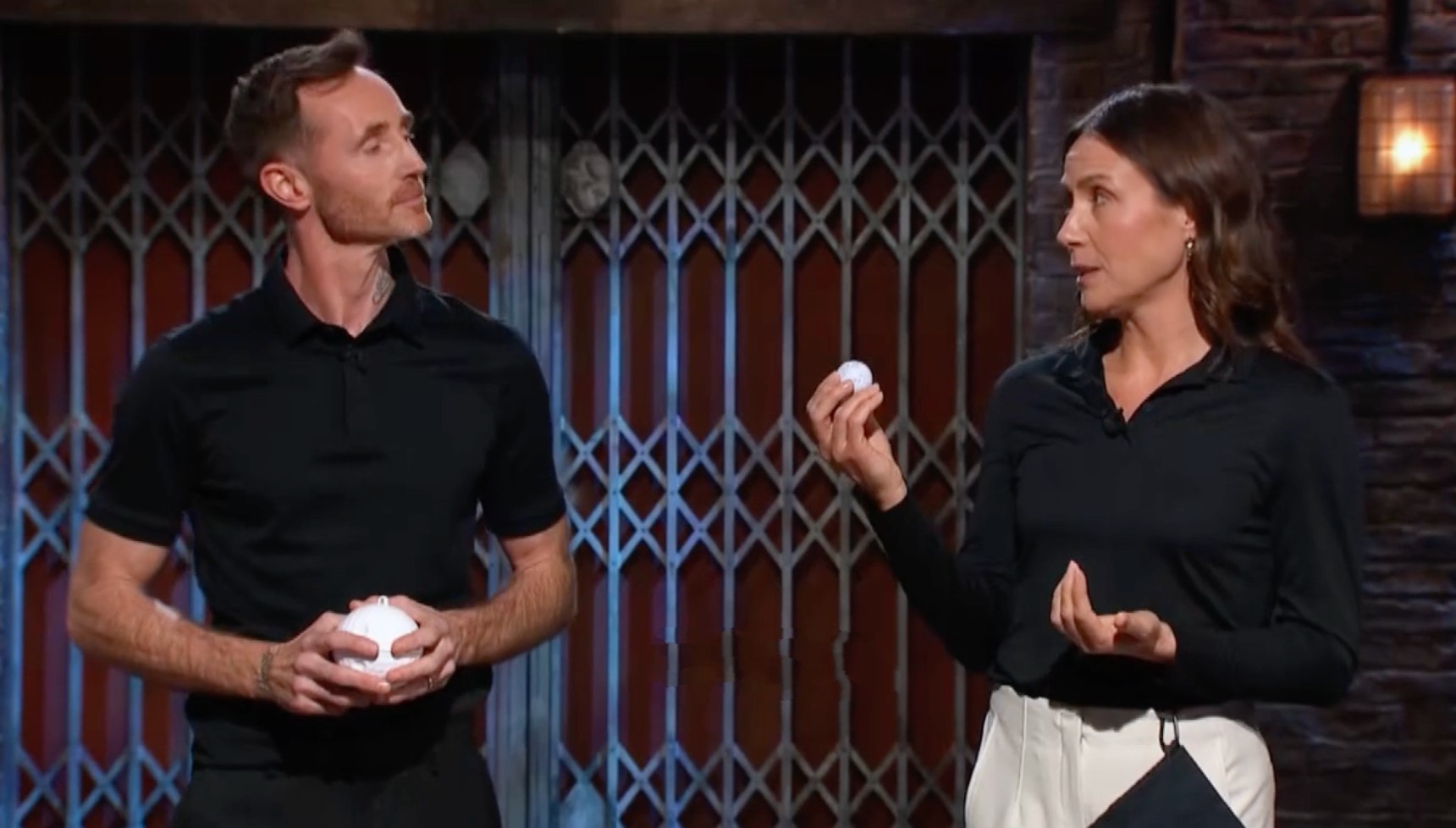 Ben and Natalia Reeves pitch their portable golf ball cleaner on Dragons' Den