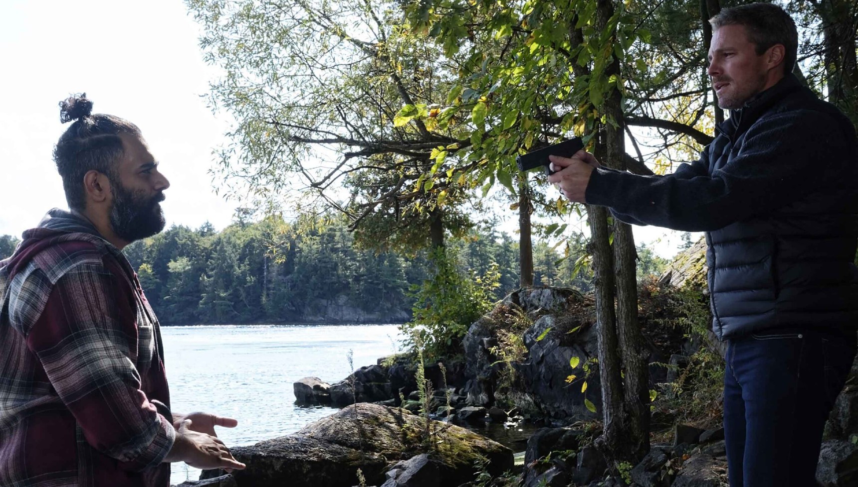 Hamza Haq and Stephen Amell in The Murder Line 