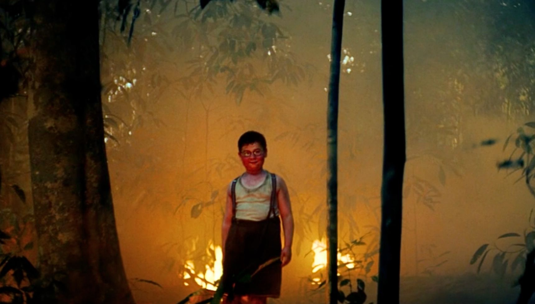 Piggy standing in the woods on fire in Lord of the Flies