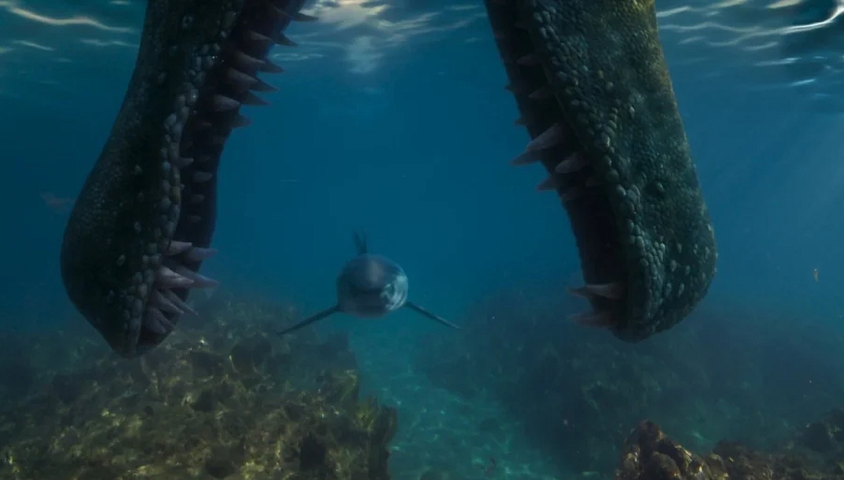 A shark swimming in the sea near a dinosaur's mouth in The Dinosaurs on Netflix