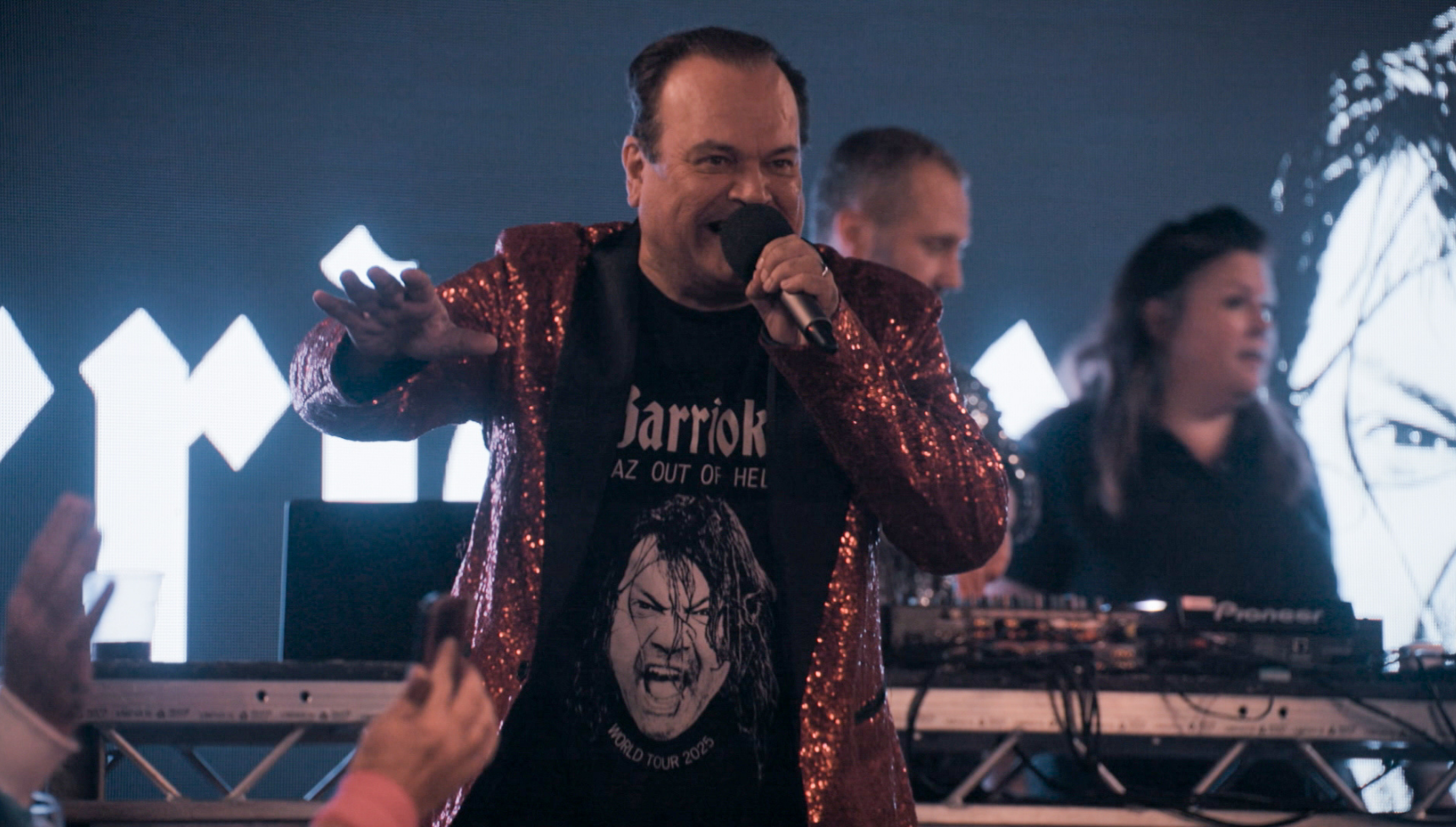 Shaun Williamson on stage doing Barrioke