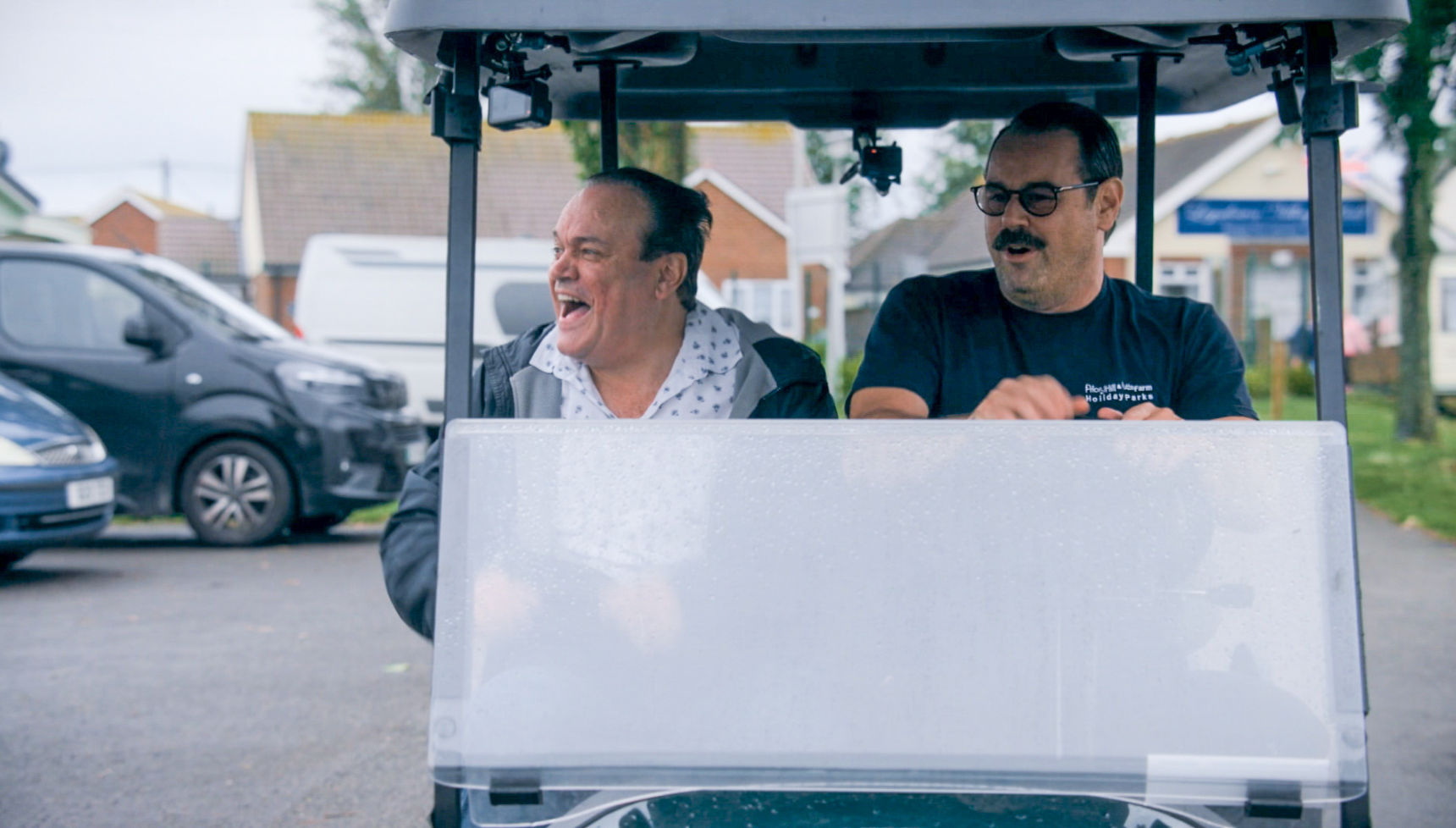 Shaun Williamson and Danny Dyer in a golf buggy