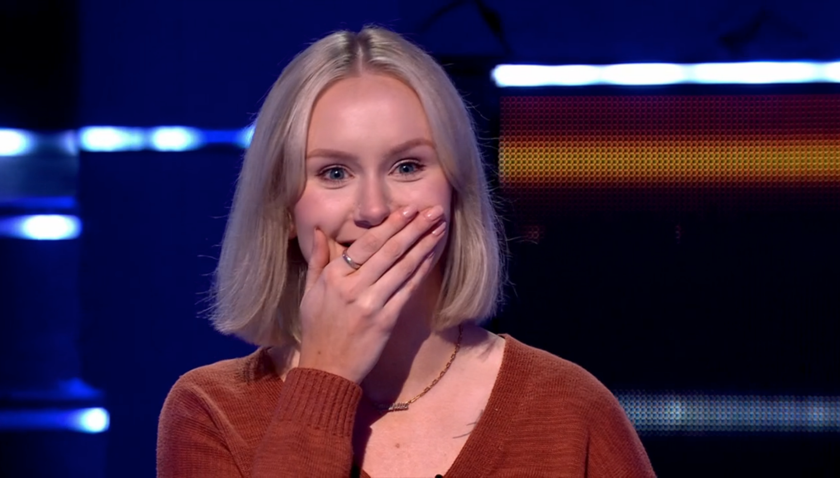 Zoe looking shocked on The 1% Club