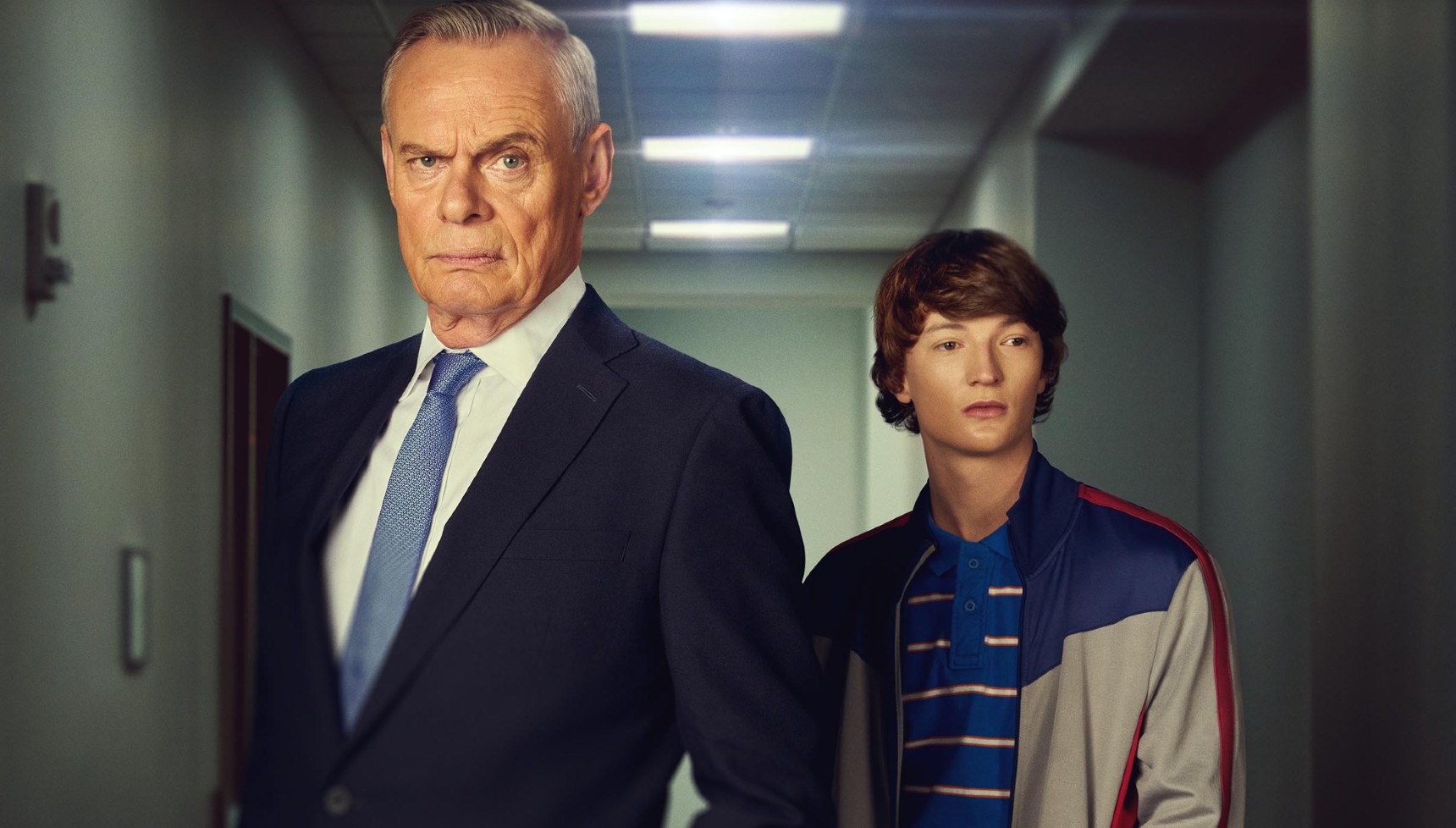 Osian Morgan as Ryan and Martin Clunes as Huw in Power: The Downfall of Huw Edwards