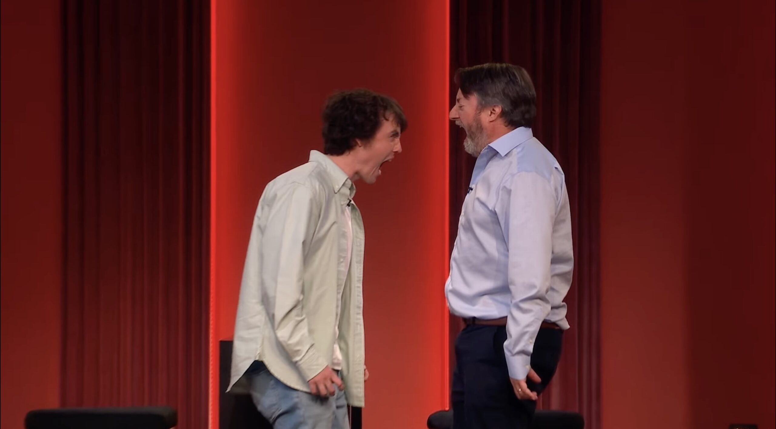 David Mitchell and Sam Campbell shouting at each other