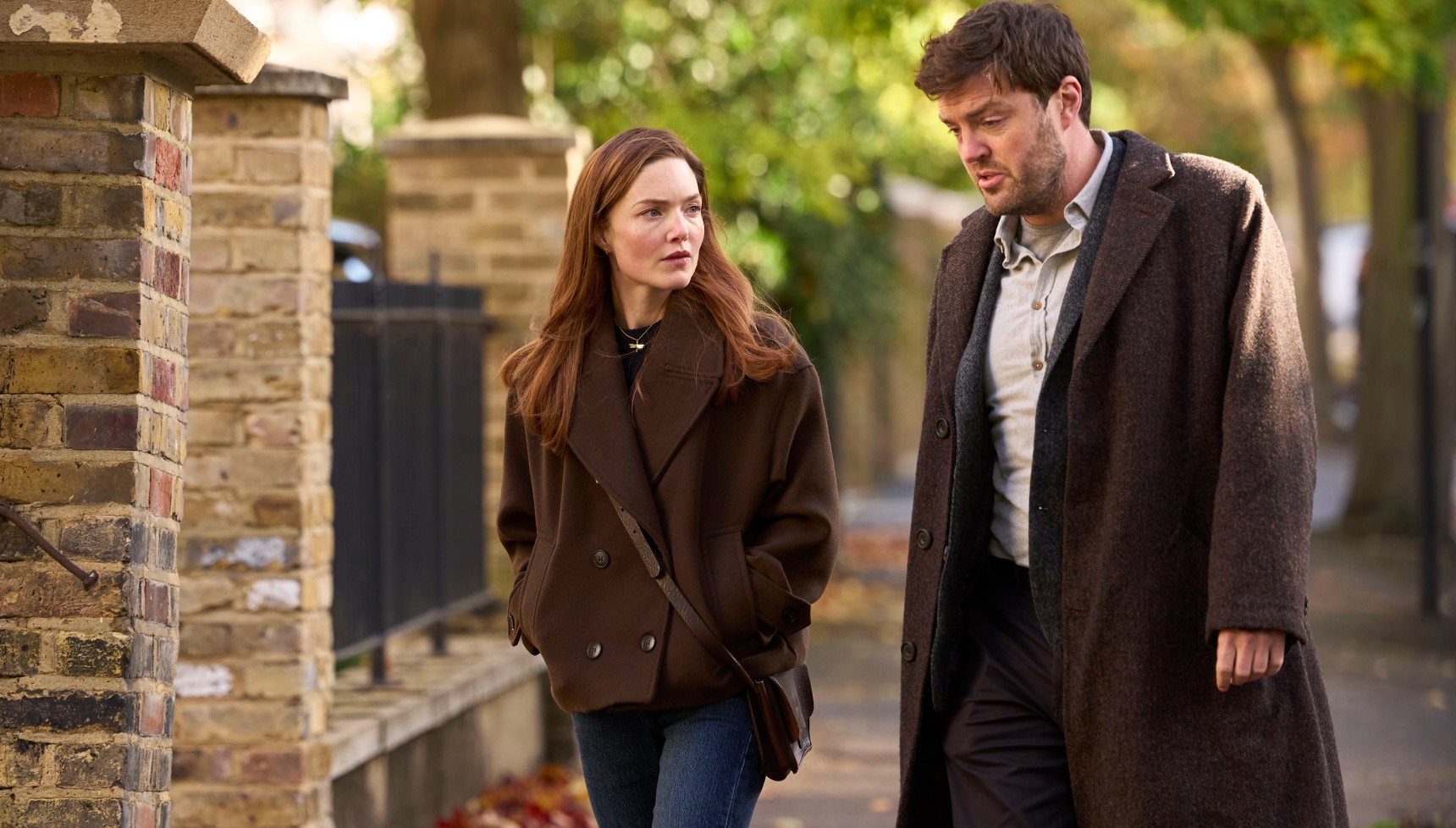 Holliday Grainger and Tom Burke as Robin Ellacott and Cormoran Strike in The Running Grave