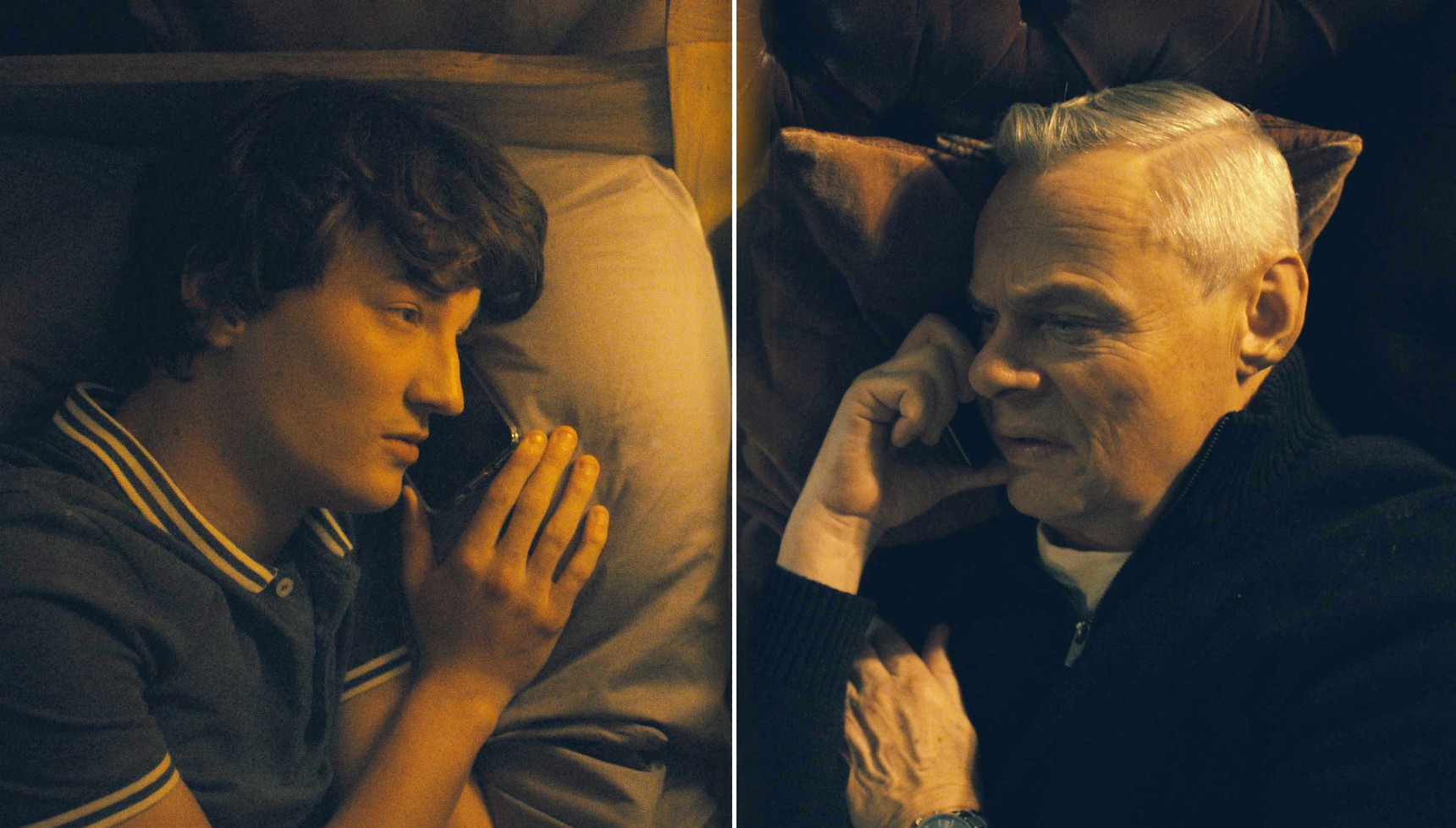 Osian Morgan as Ryan and Martin Clunes as Huw in Power: The Downfall of Huw Edwards