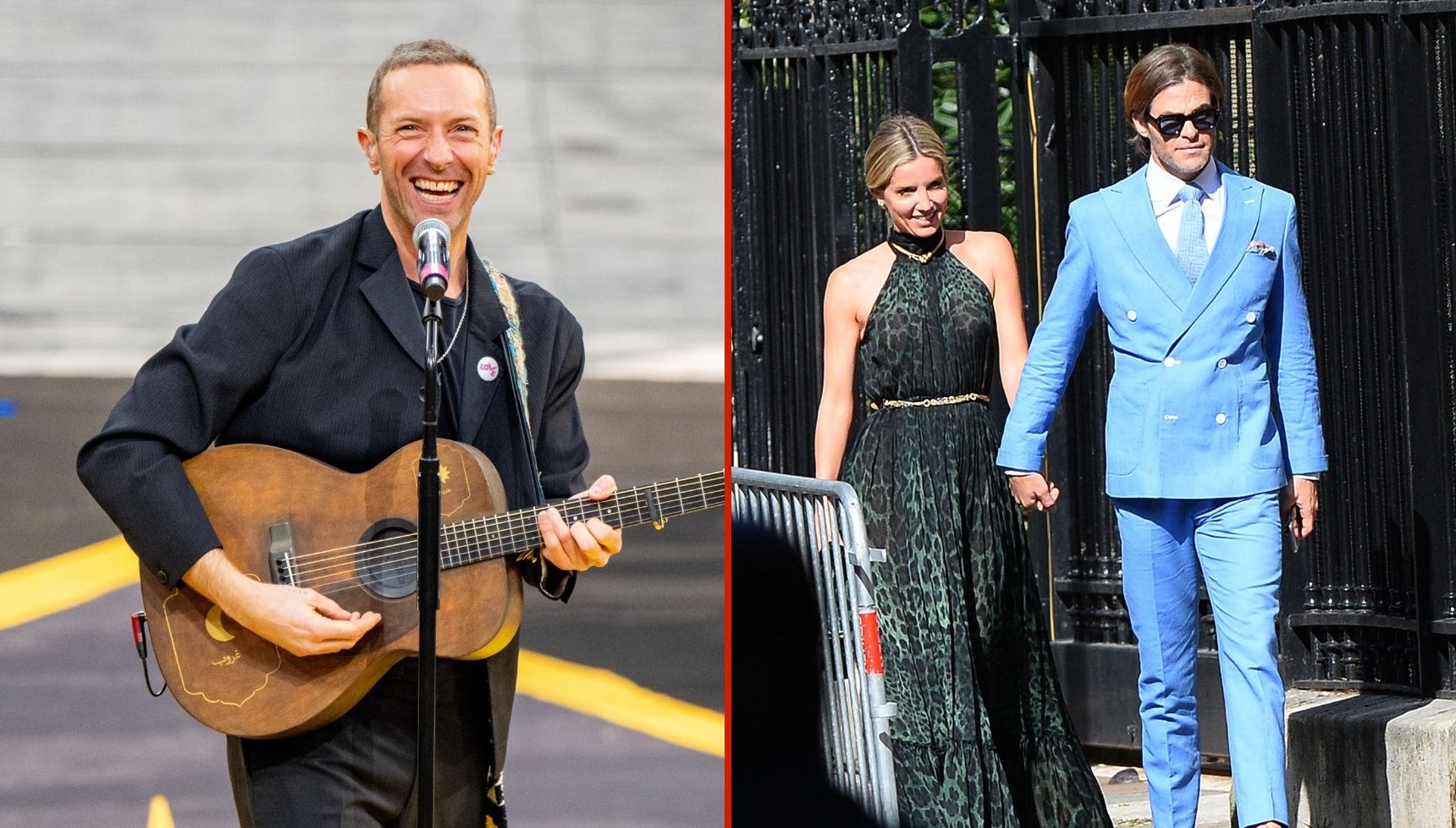 Chris Martin playing guitar, and a photo of Annabelle Wallis and Chris Pine together